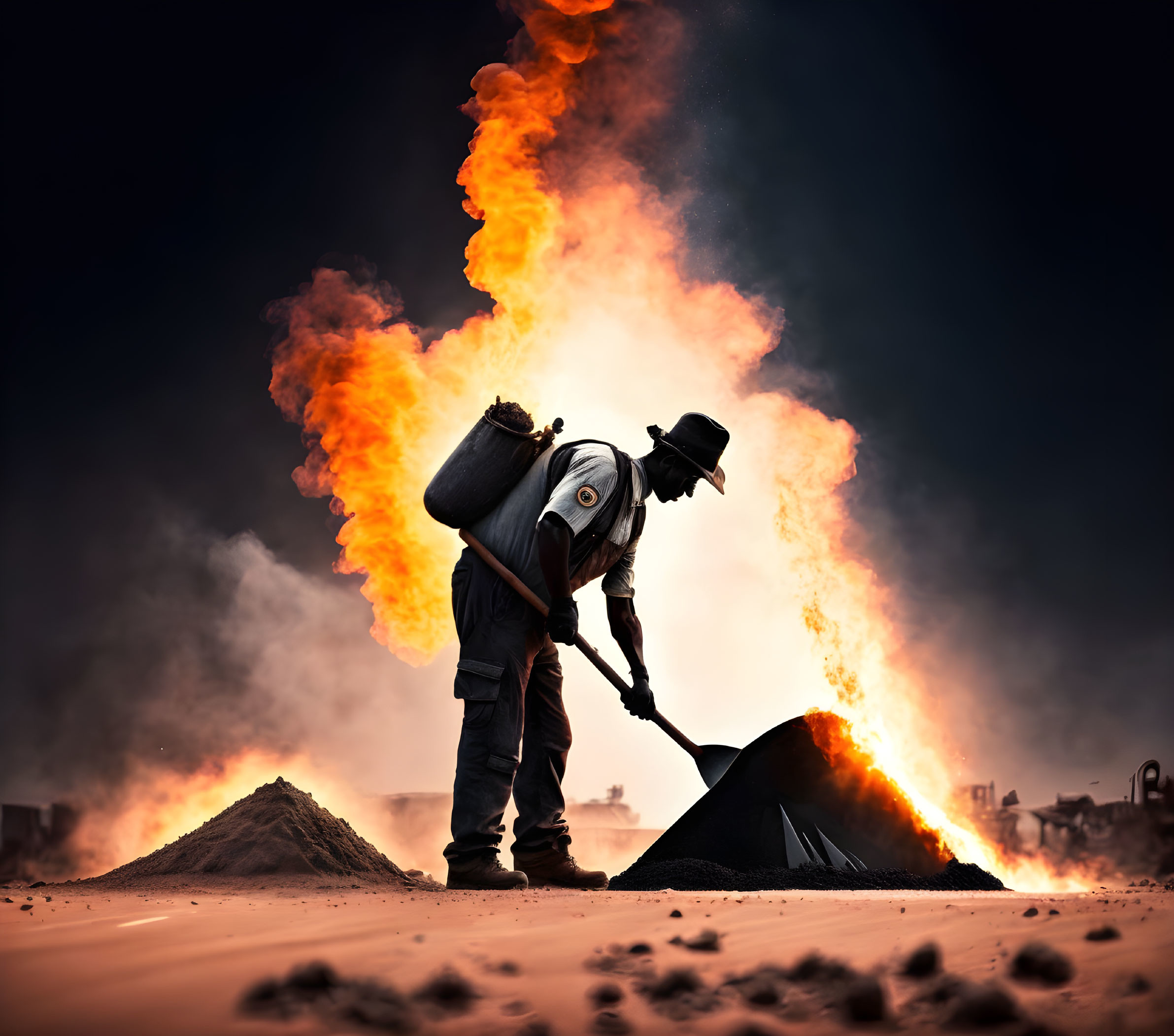 Worker shoveling sand near intense flames in dark, hazy setting