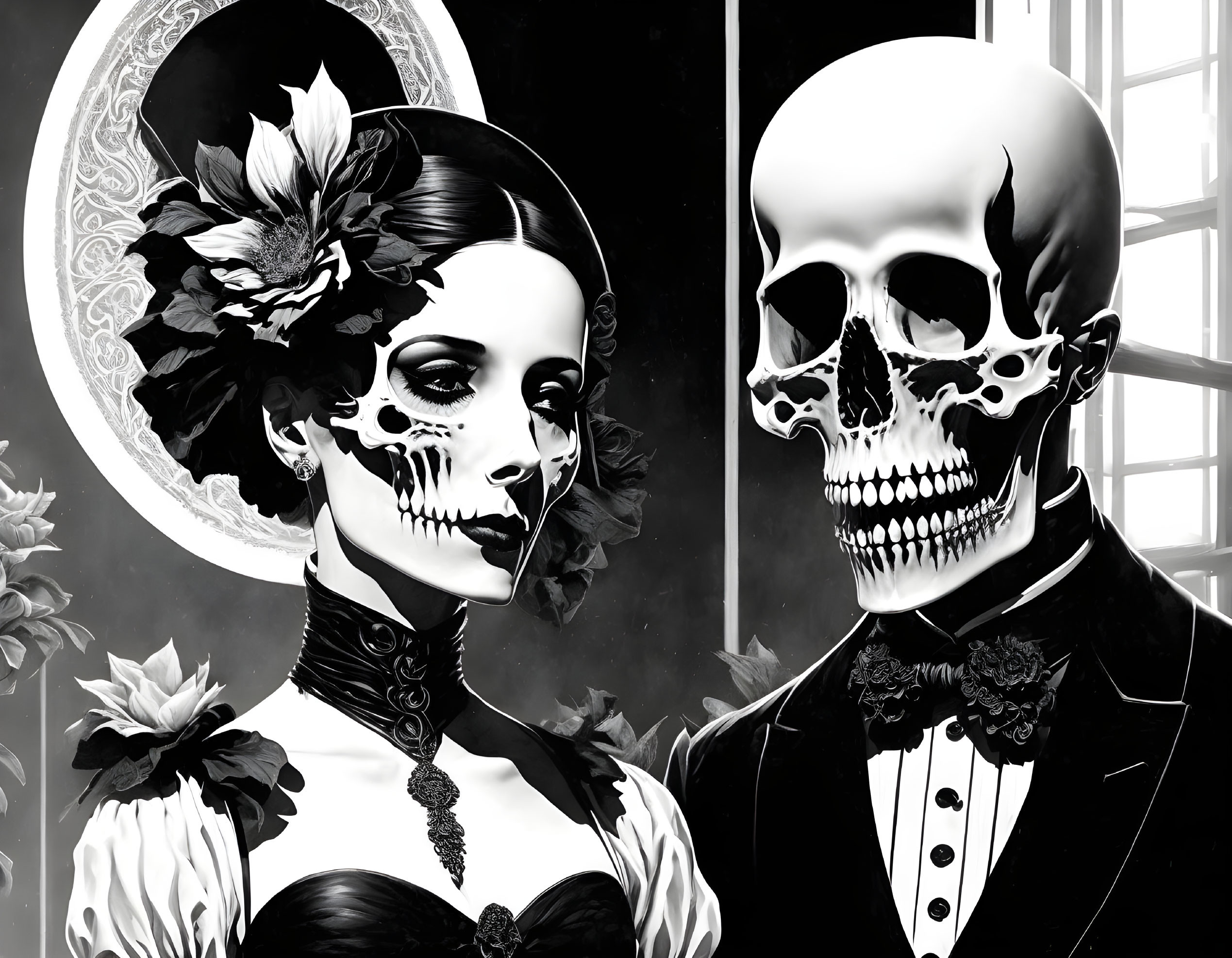 Monochromatic couple in elegant attire with half skull faces, Día de los Muertos theme.