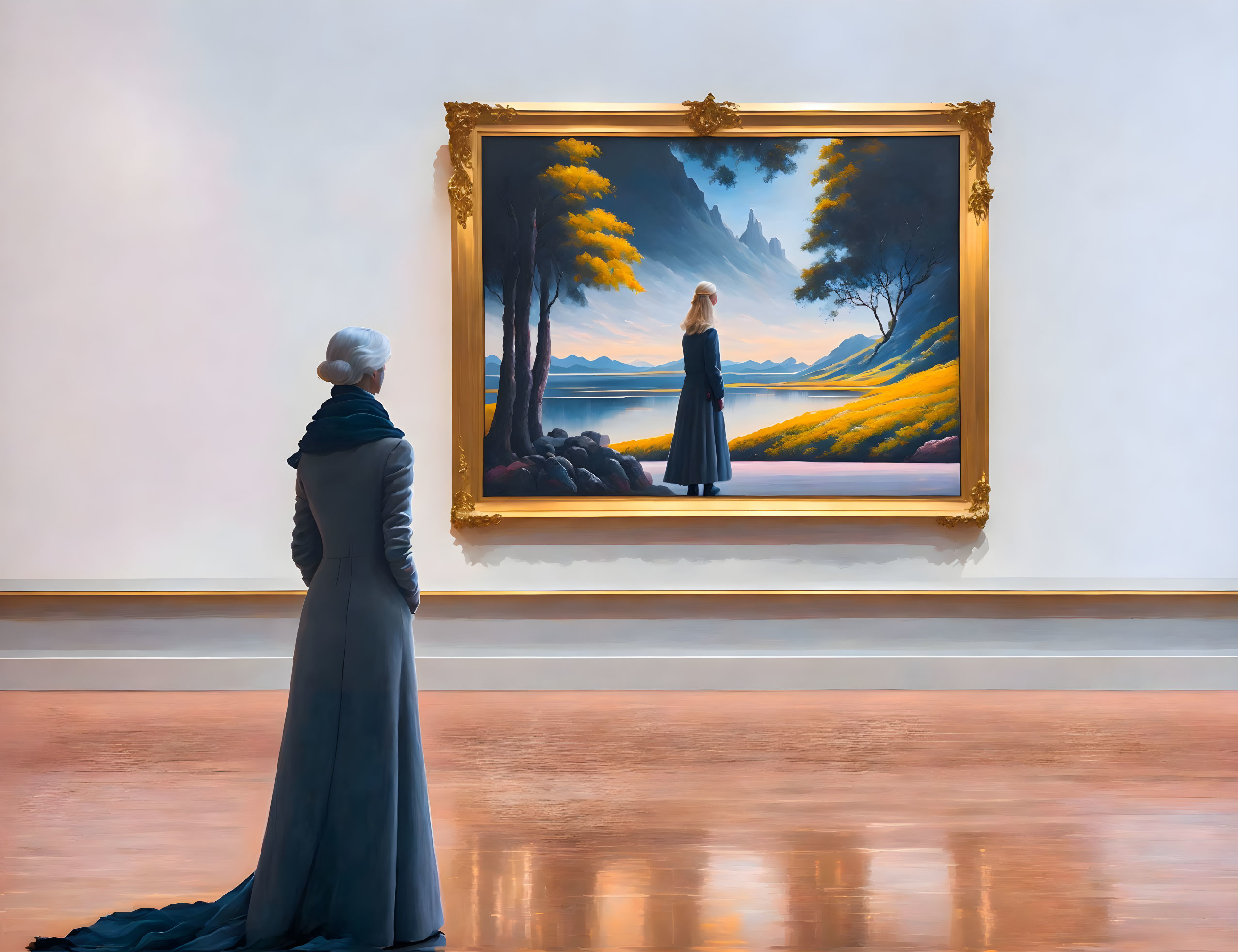 Person in Gray Dress Admiring Solitary Figure Painting in Gallery