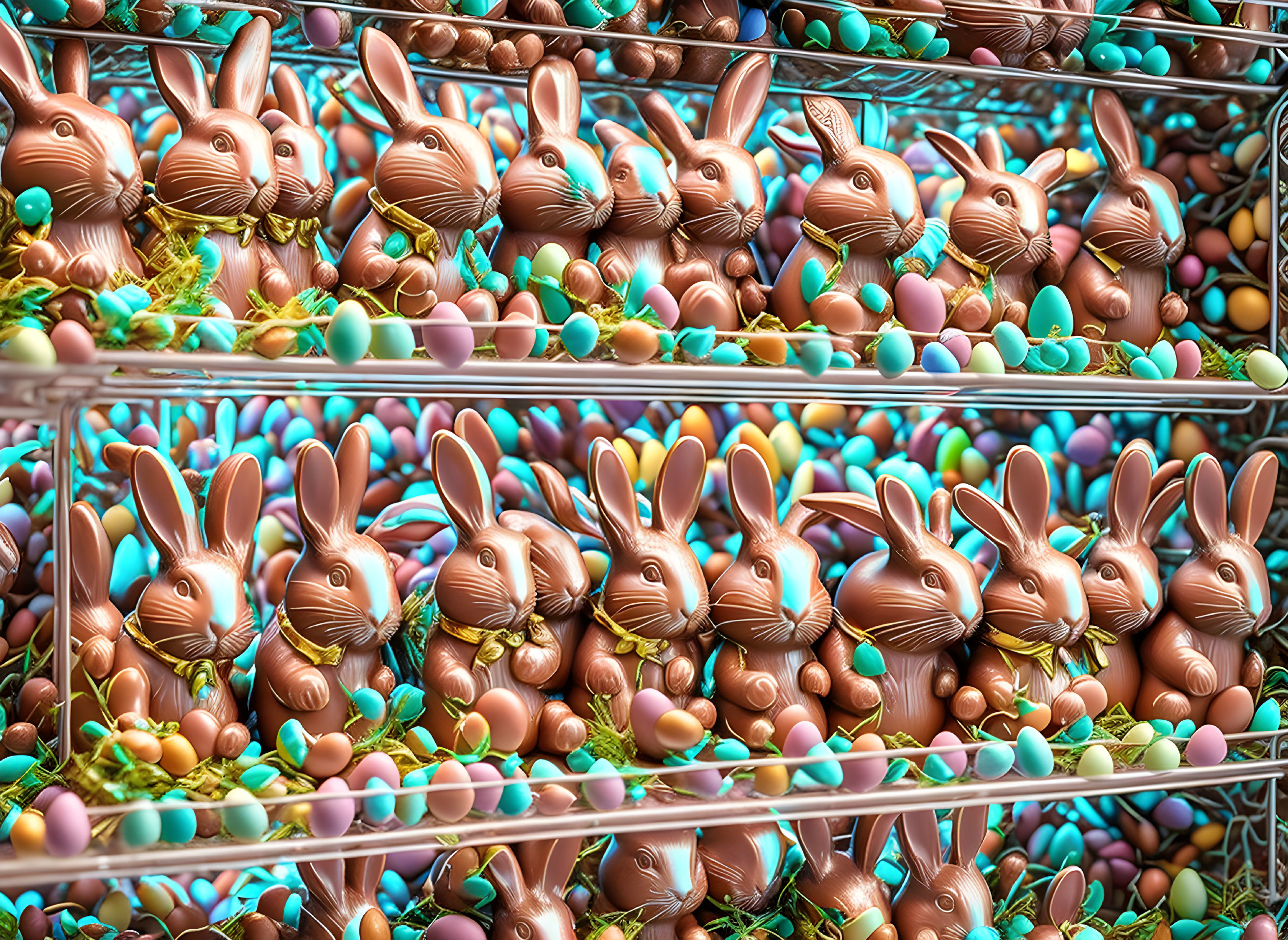 Colorful Easter Bunnies and Chocolate Eggs Displayed on Shelves