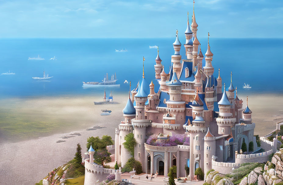 Castle with spires by serene beach and ships under clear sky