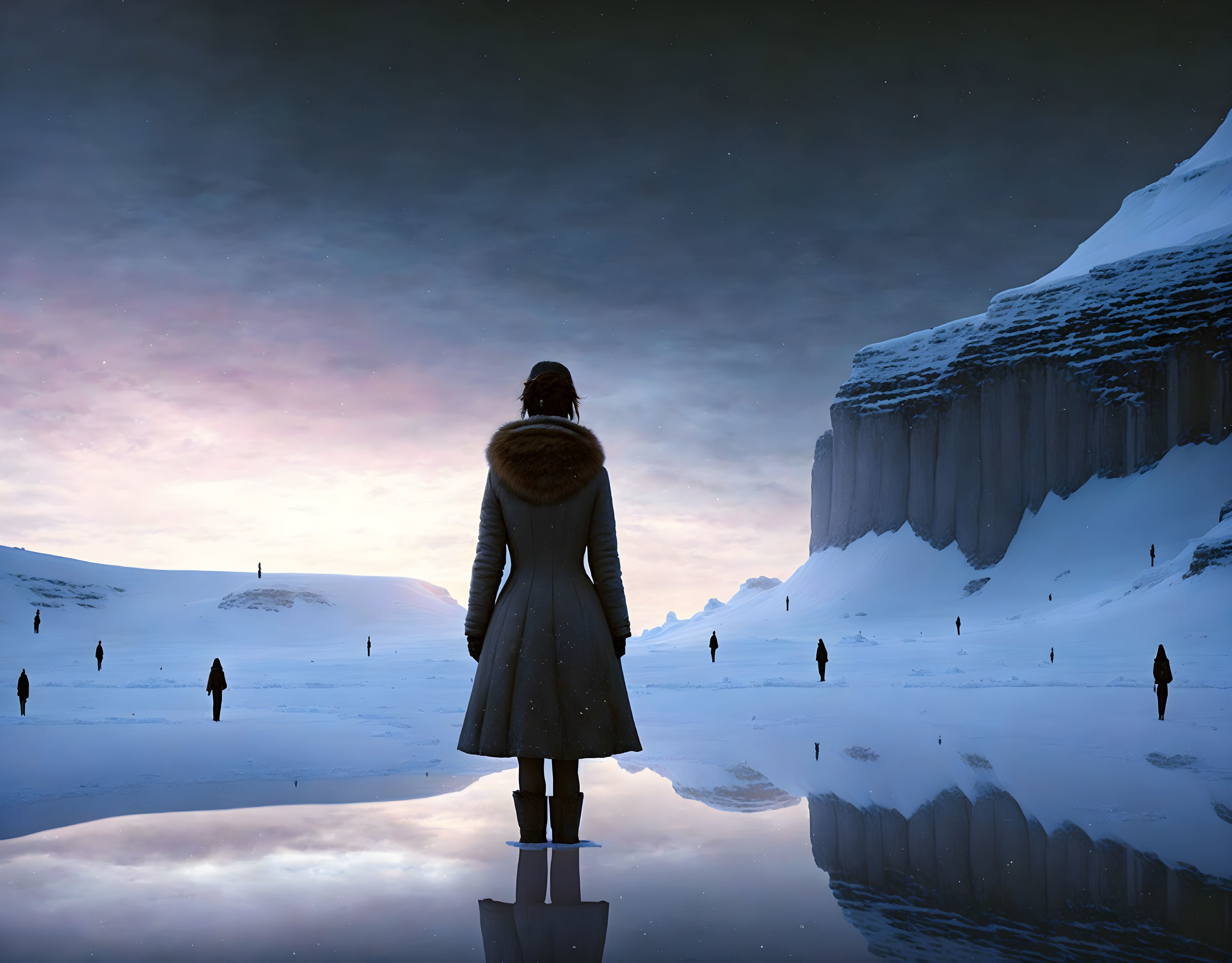 Person in Fur-Collared Coat Standing on Icy Surface at Twilight