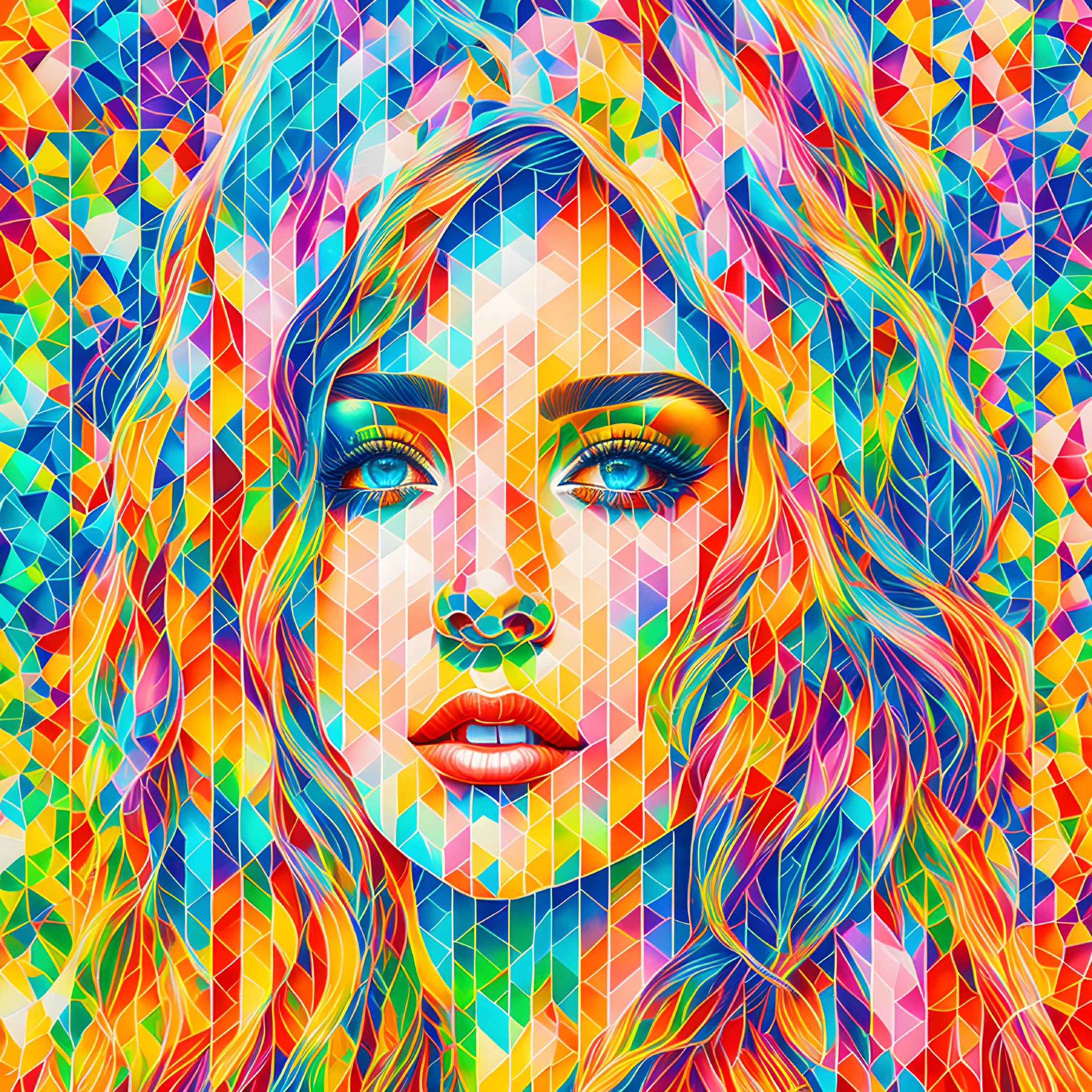 Colorful Geometric Mosaic Portrait of Woman with Flowing Hair