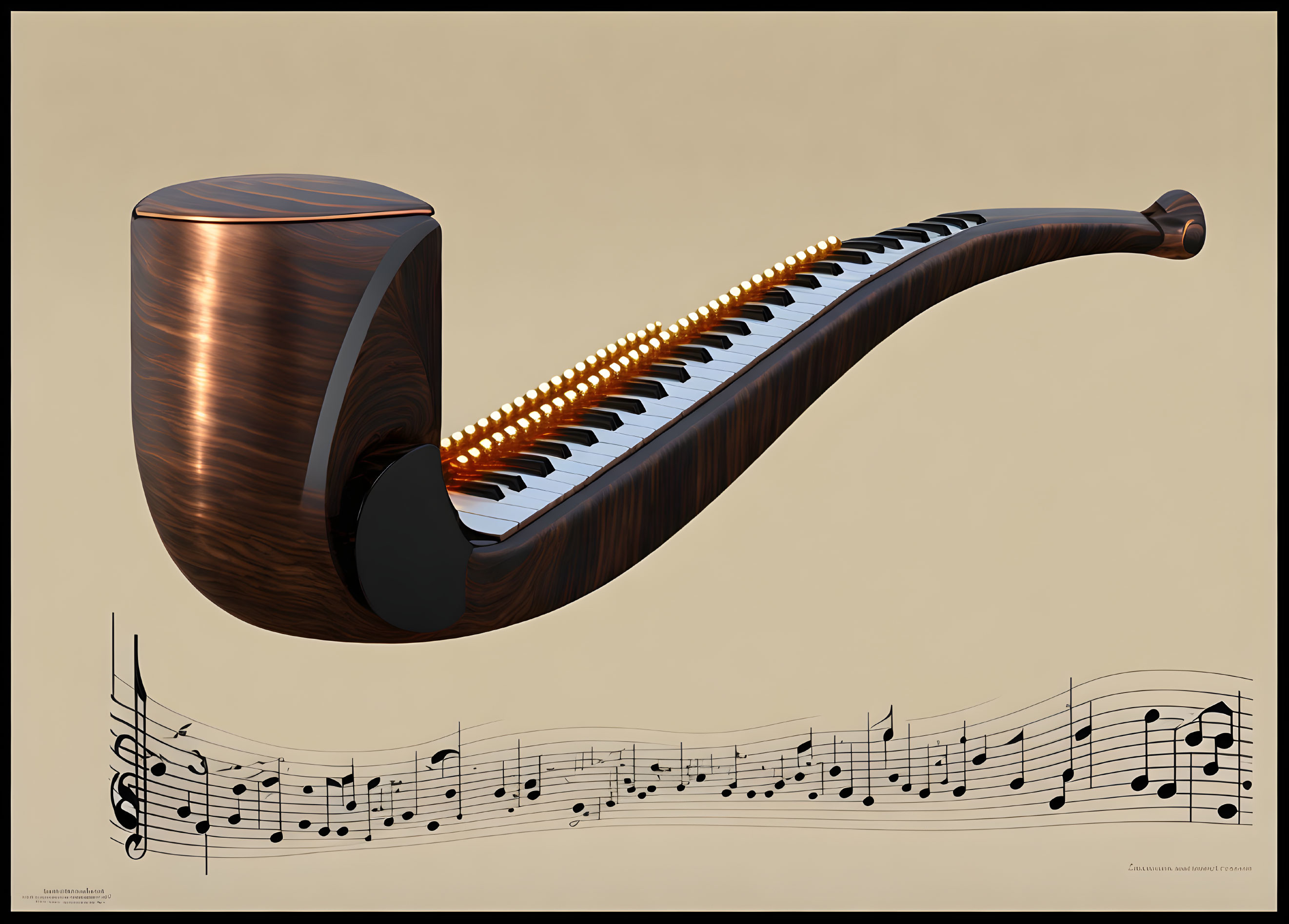 Wooden Pipe with Piano Keys and Sheet Music Design