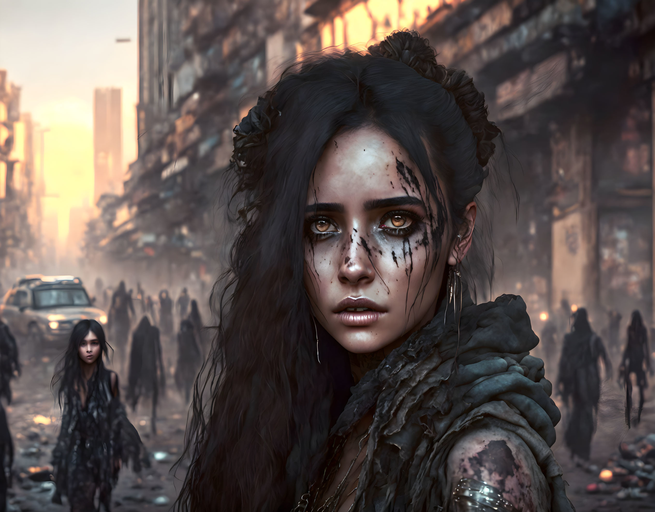 Woman with striking eyes in dystopian cityscape with debris and orange sky