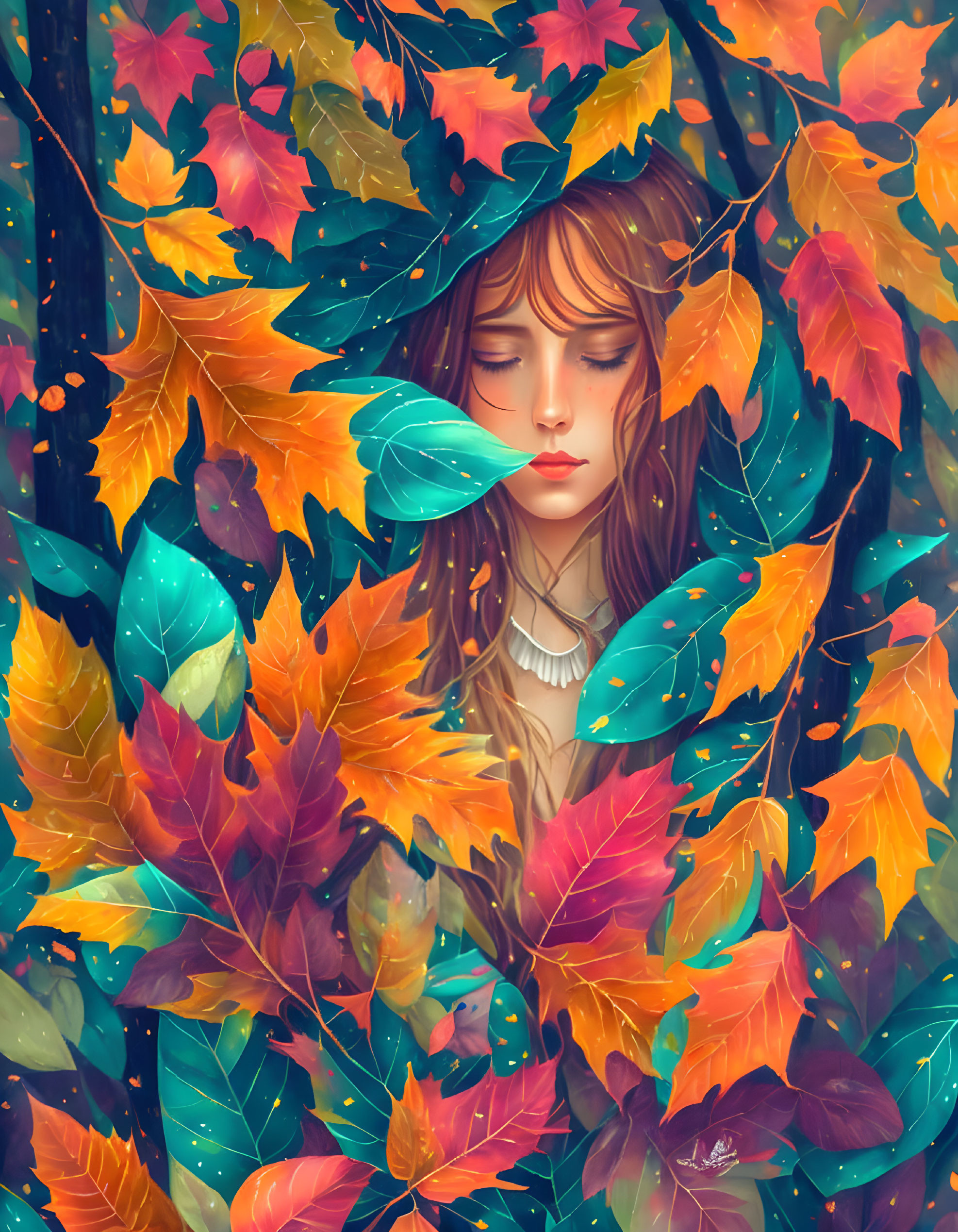 Serene woman in fantasy-themed setting with autumn leaves