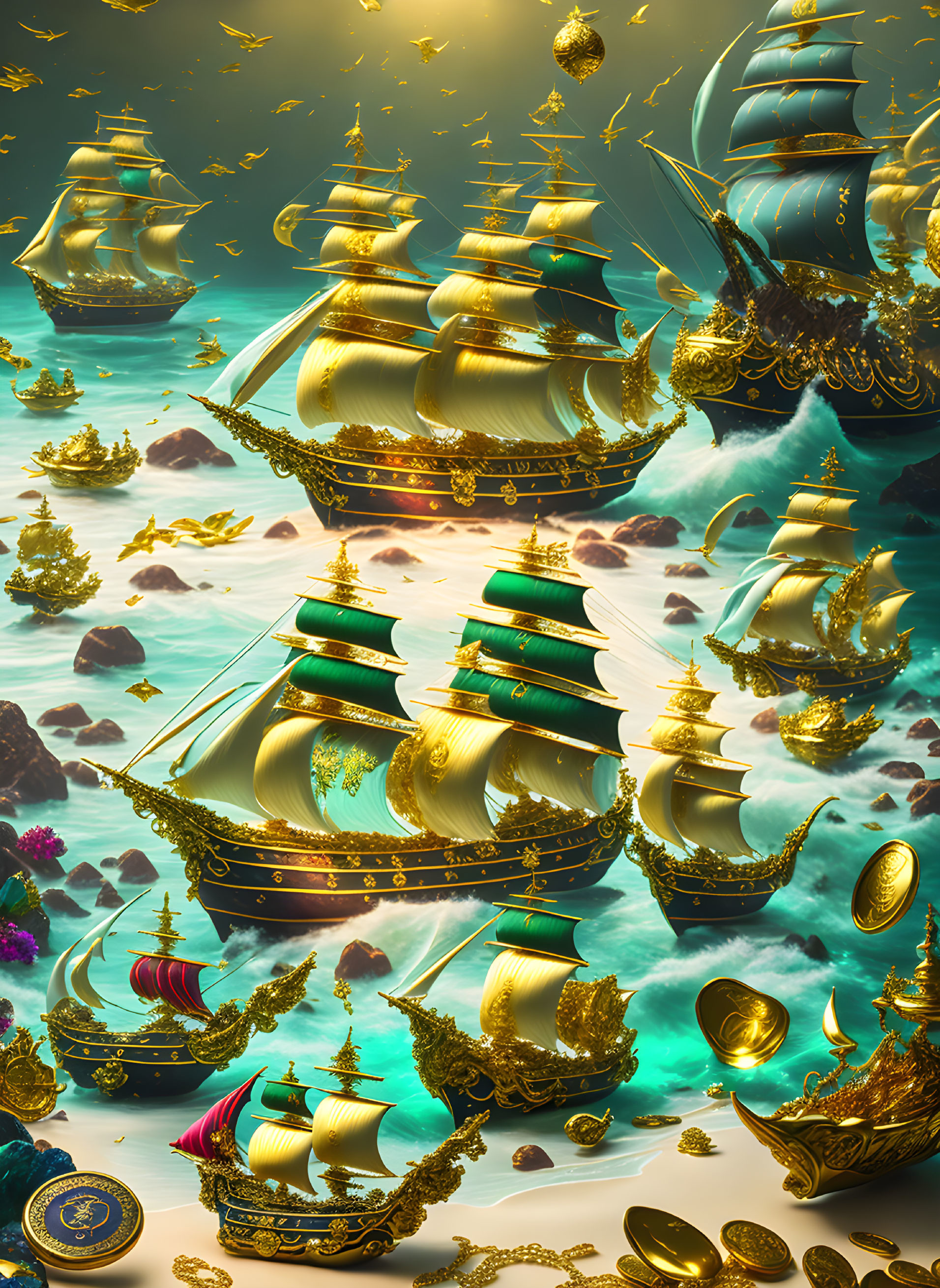 Fantastical ocean scene with golden ships, floating rocks, jellyfish, and coral under teal sky