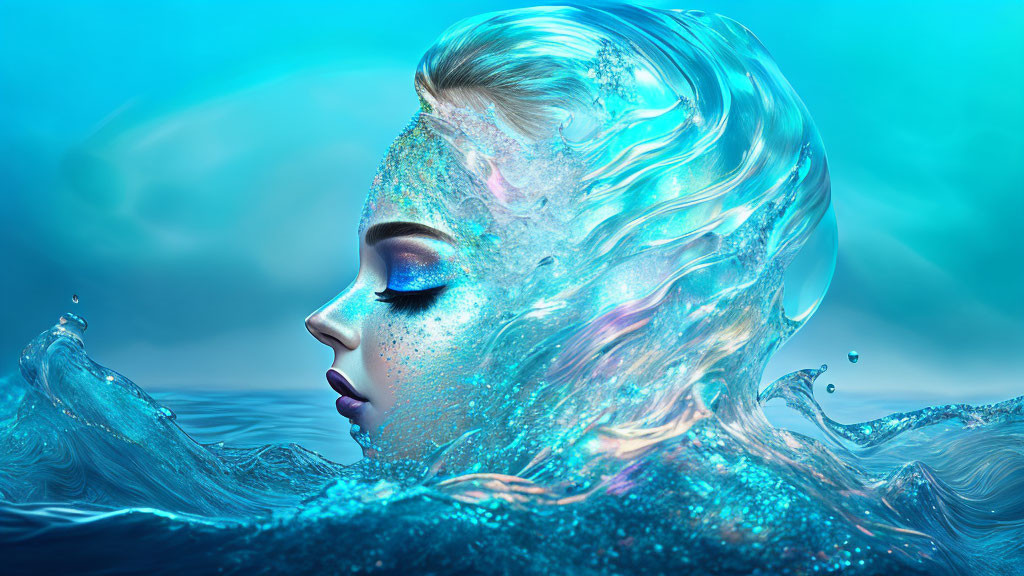 Blue-skinned woman with water hair in mystical underwater scene