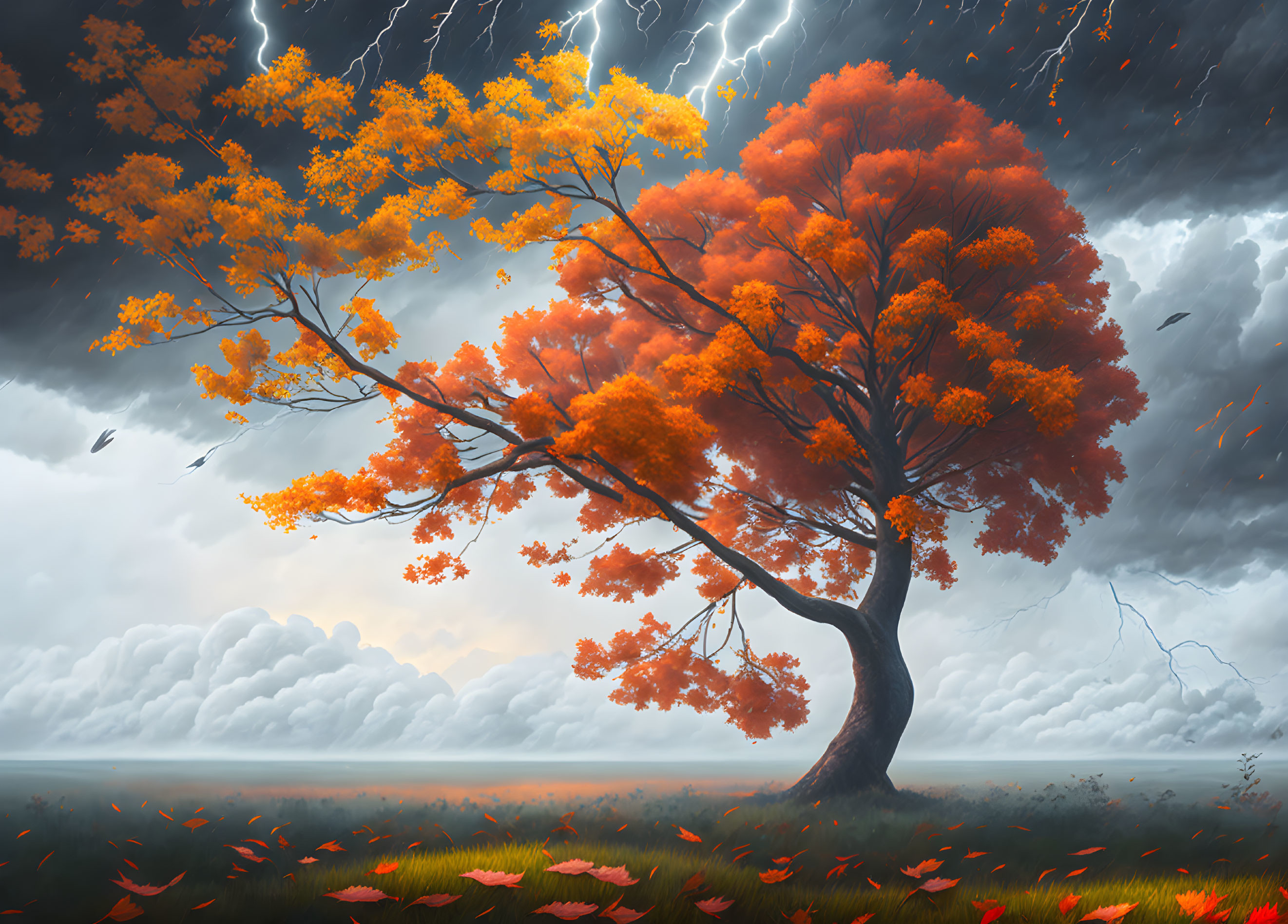 Orange tree in stormy sky with lightning and swirling leaves depicts powerful autumn scene