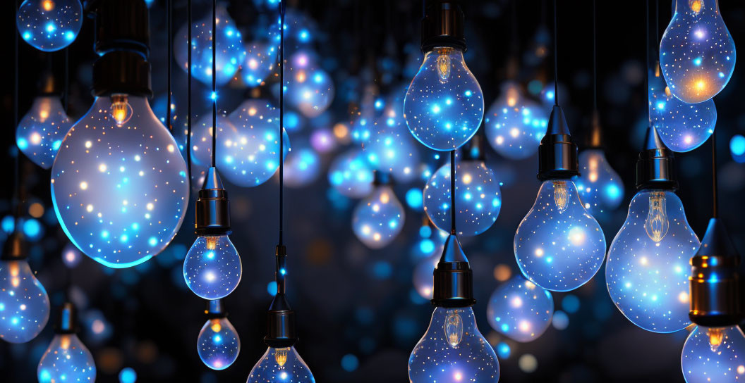 Cluster of Illuminated Light Bulbs with Cosmic Starry Pattern on Dark Background