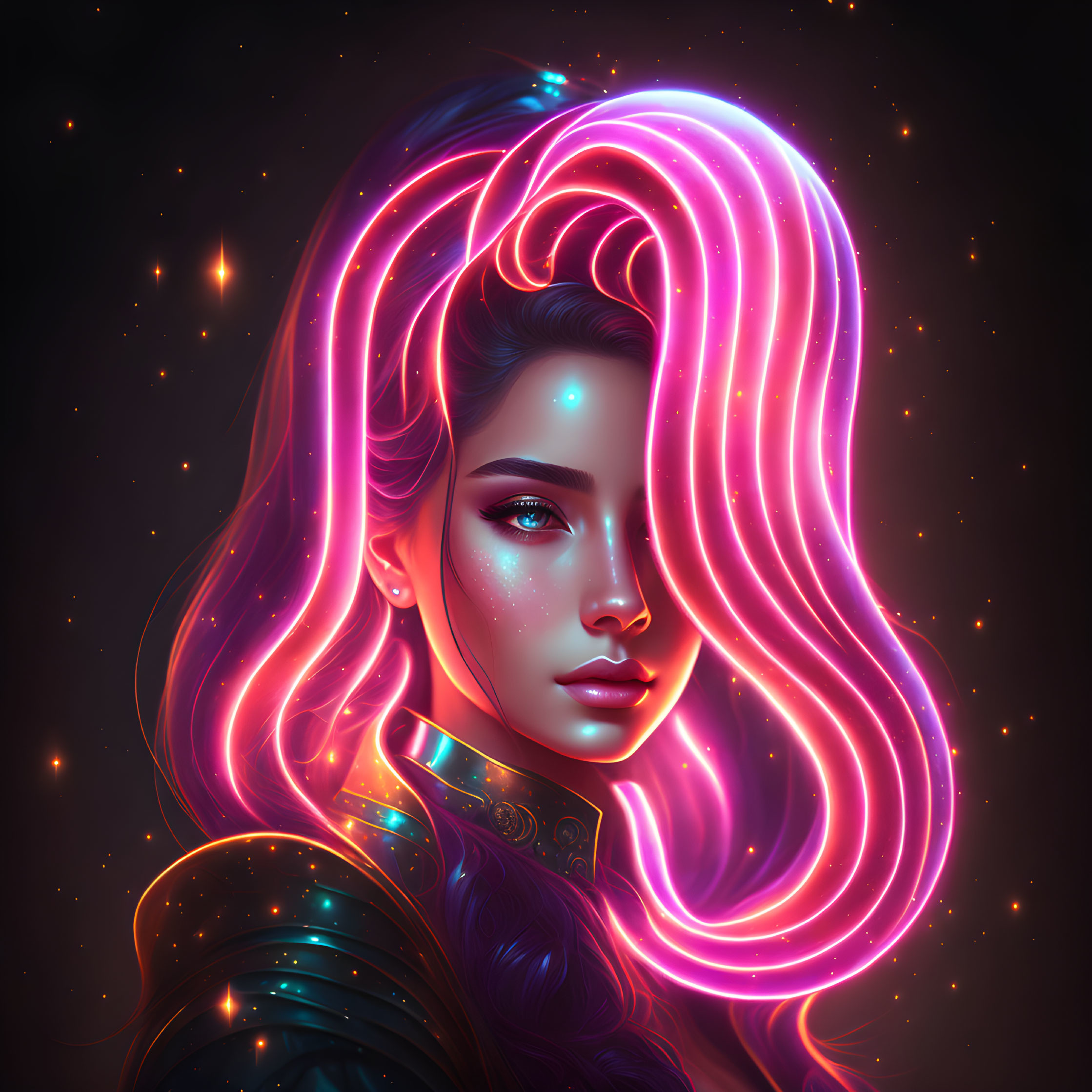 Vibrant digital artwork: Woman with neon hair & cosmic background