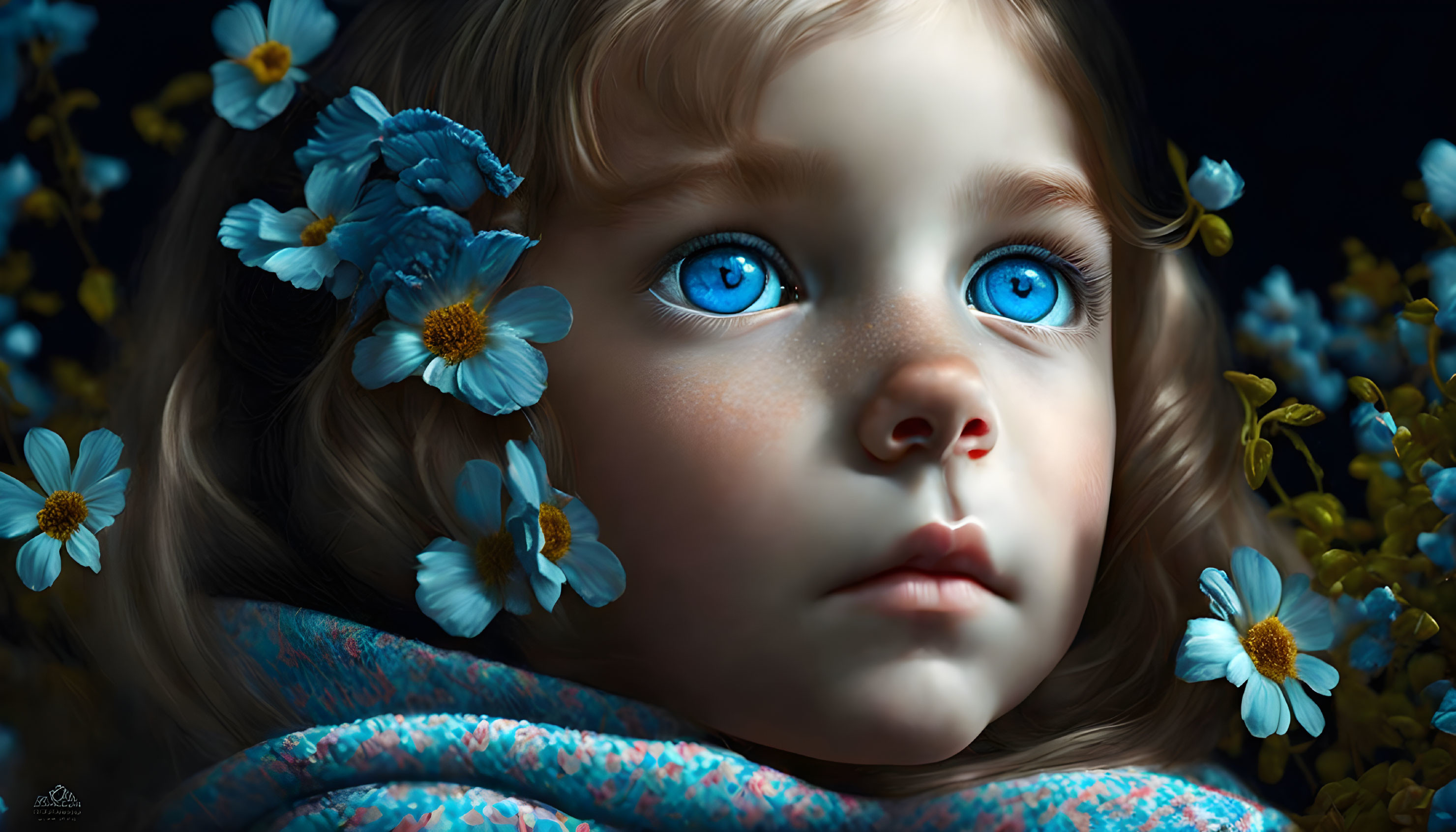 Young child with striking blue eyes surrounded by blue flowers on dark background