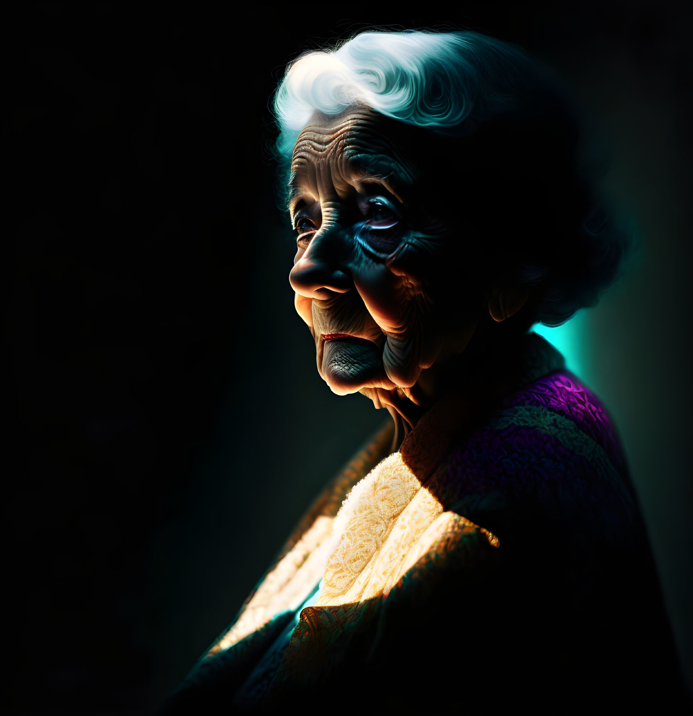 Elderly woman with white hair in split warm and cool lighting