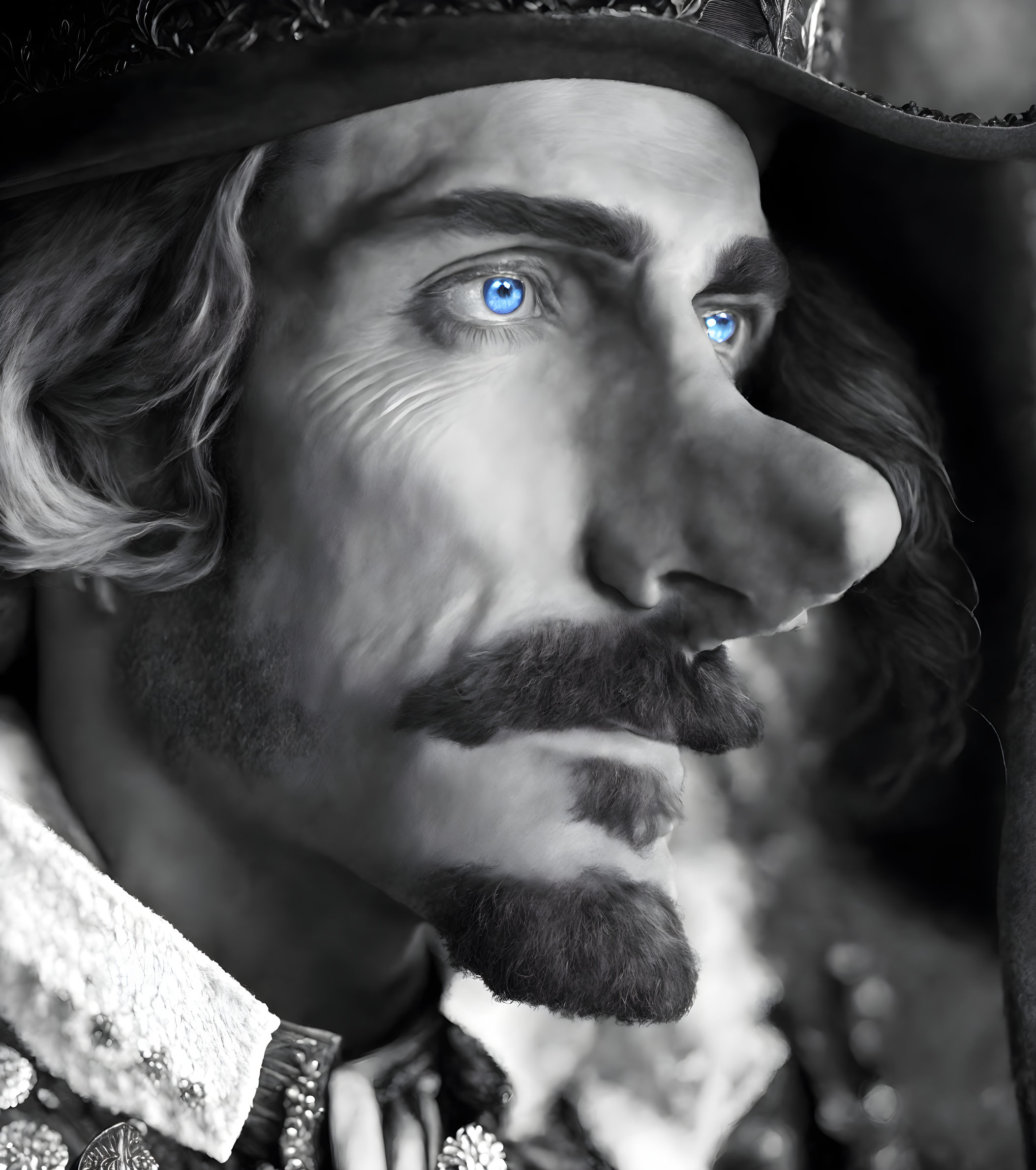 Man with Striking Blue Eyes in Historical Theatrical Costume