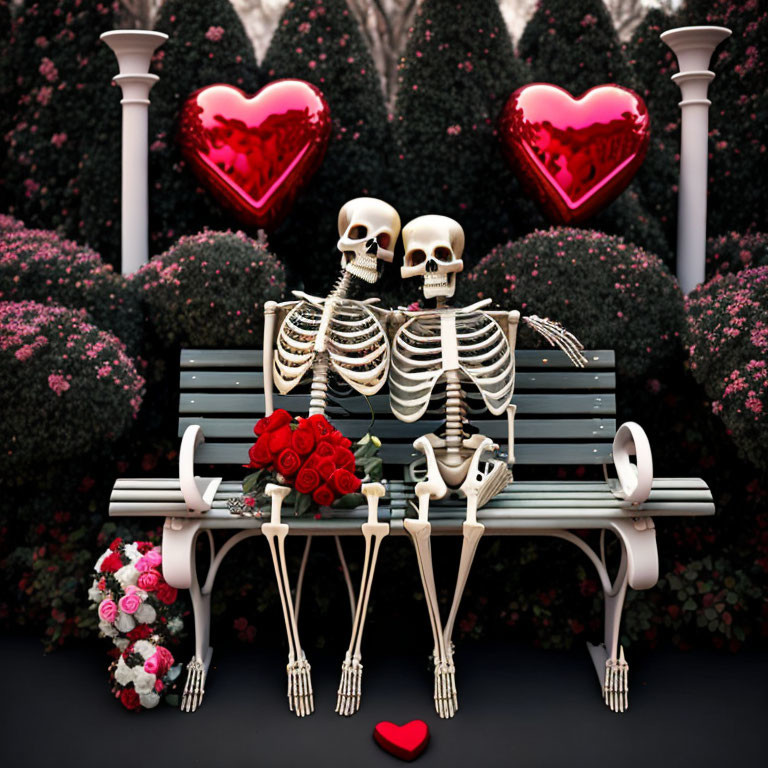 Skeletons on Park Bench with Heart Balloons in Romantic Scene