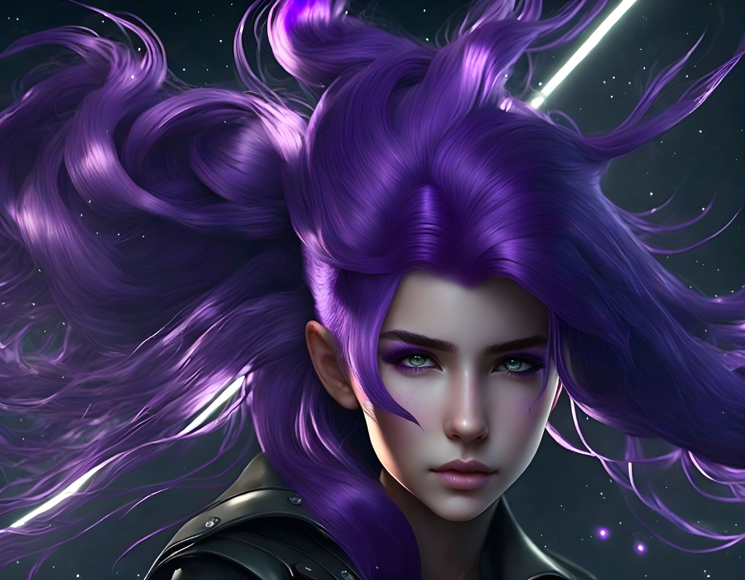 Digital artwork: Woman with purple hair and green eyes in starry space setting