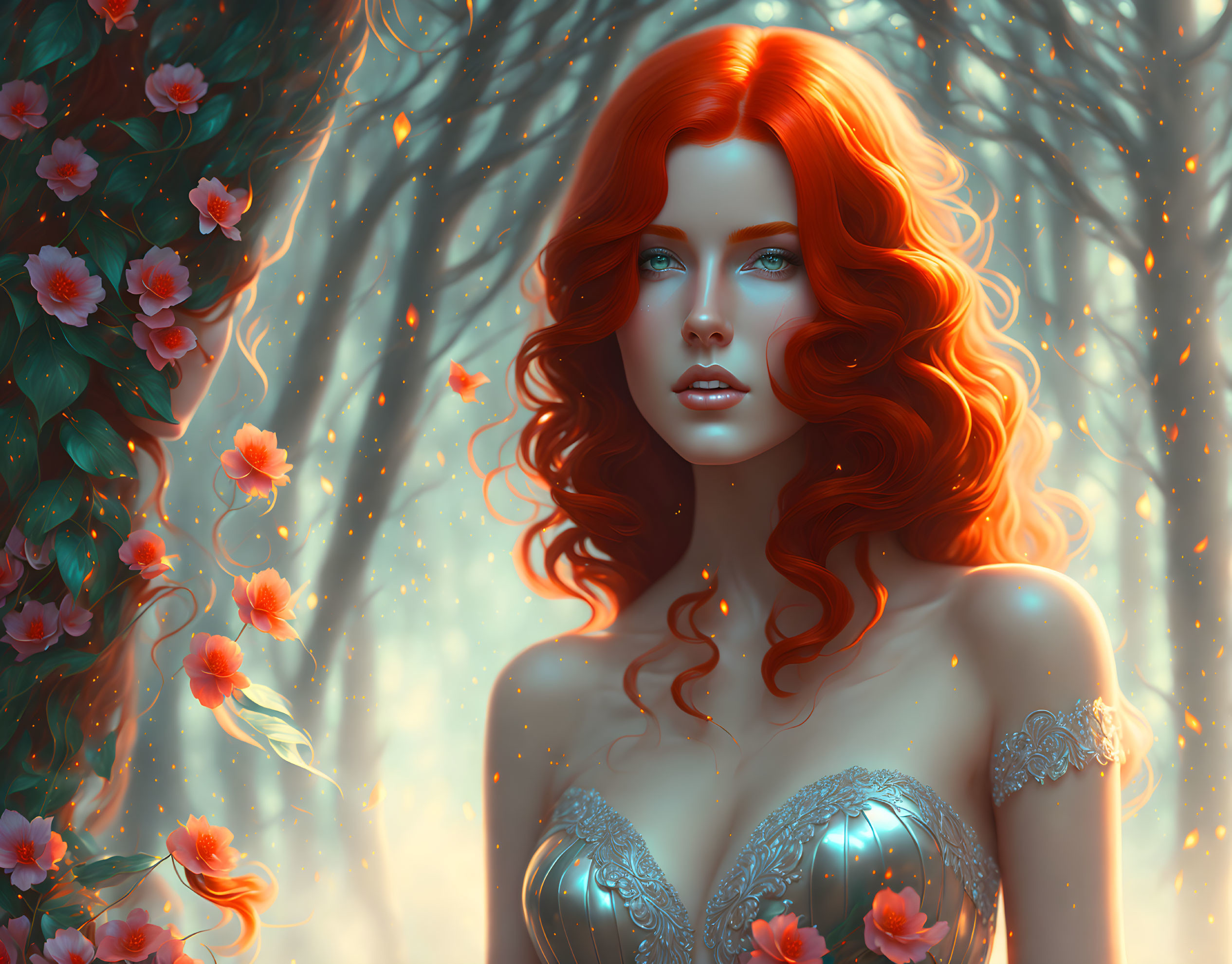 Vibrant red-haired woman in mystical forest with blooming flowers