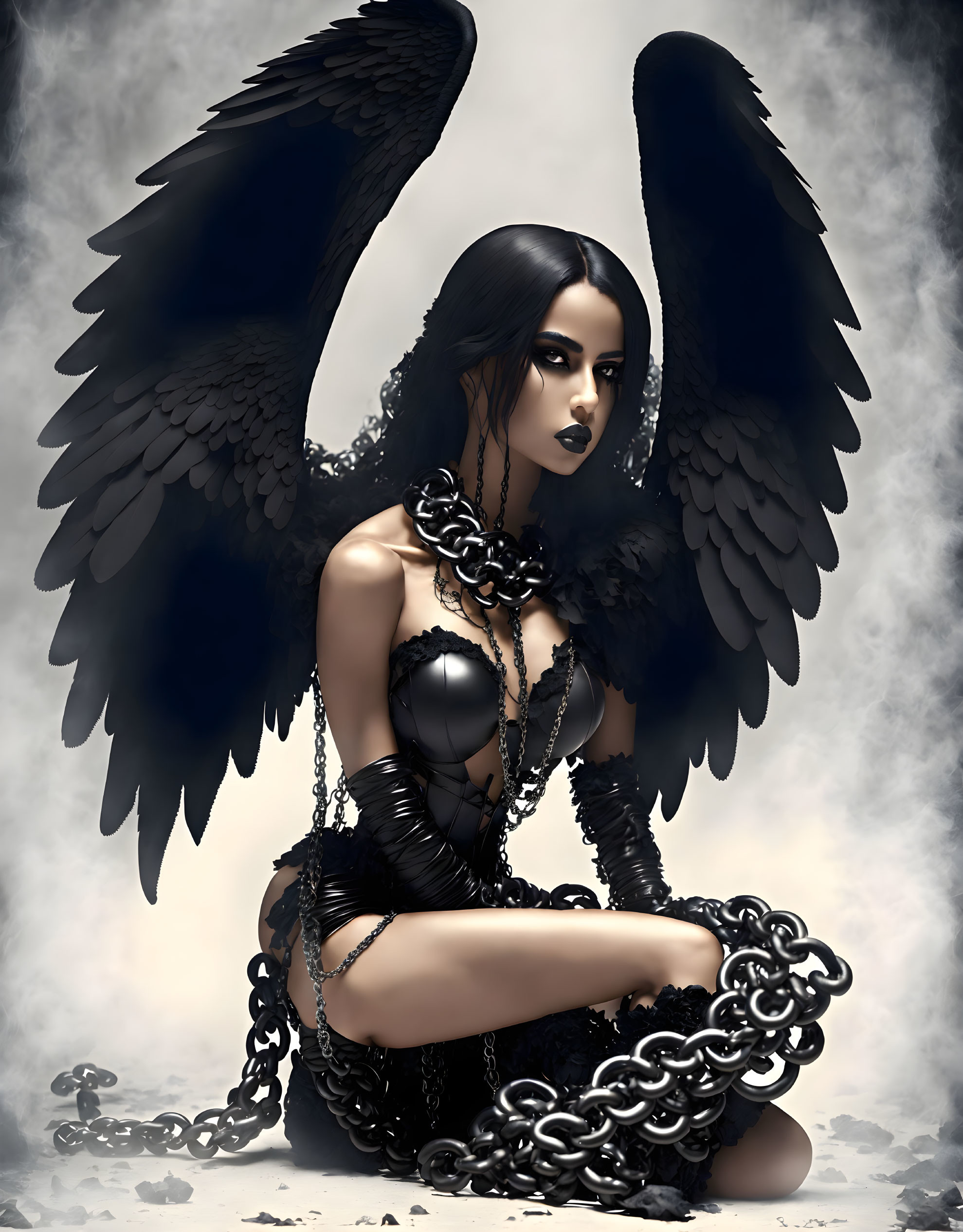 Illustration of woman with dark angel wings and chains in black outfit