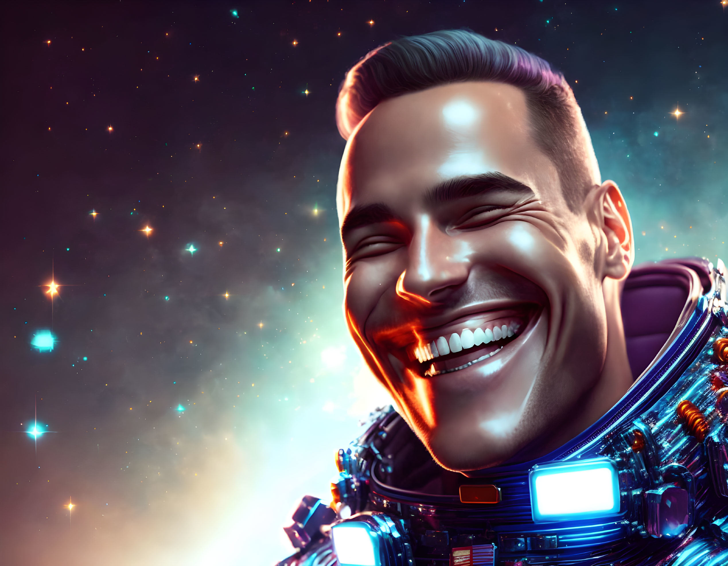 Smiling astronaut in detailed spacesuit against starry galaxy