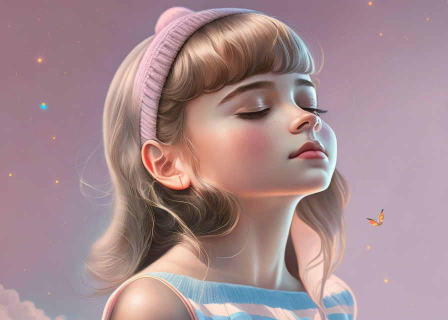 Digital illustration of young girl in pink beanie with butterfly on soft pink background