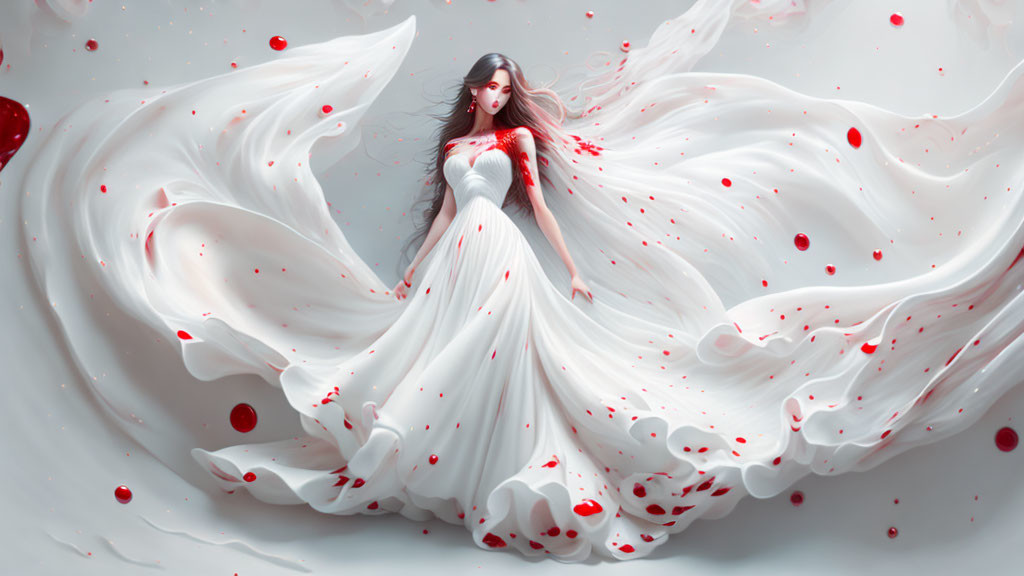 Woman in White Dress with Red Accents Surrounded by Swirling Fabric in Fantasy Setting