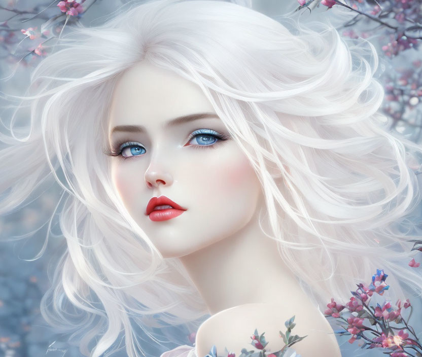 Illustration of woman with pale skin, blue eyes, white hair, among pink blossoms