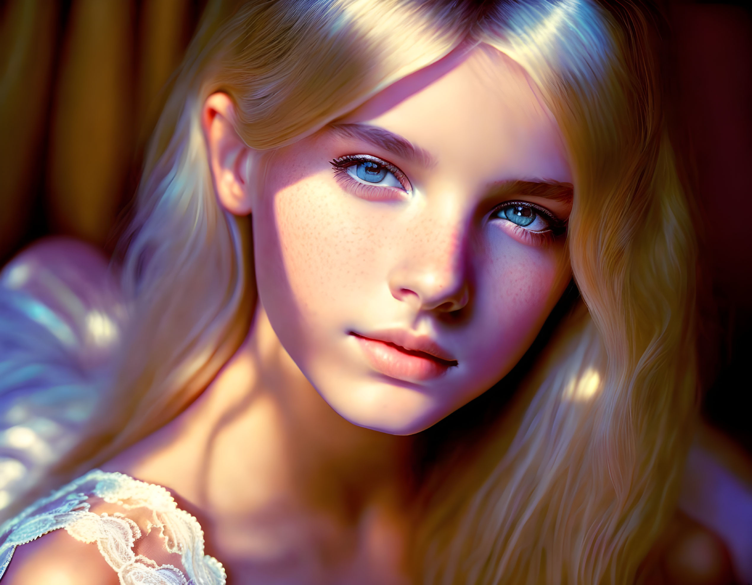 Illustrated young girl with blonde hair and brown eyes in white lace garment