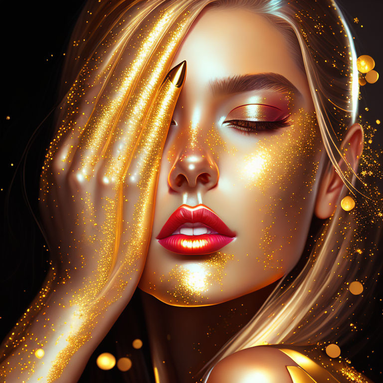 Digital Illustration: Woman with Golden Glitter Makeup & Lustrous Hair