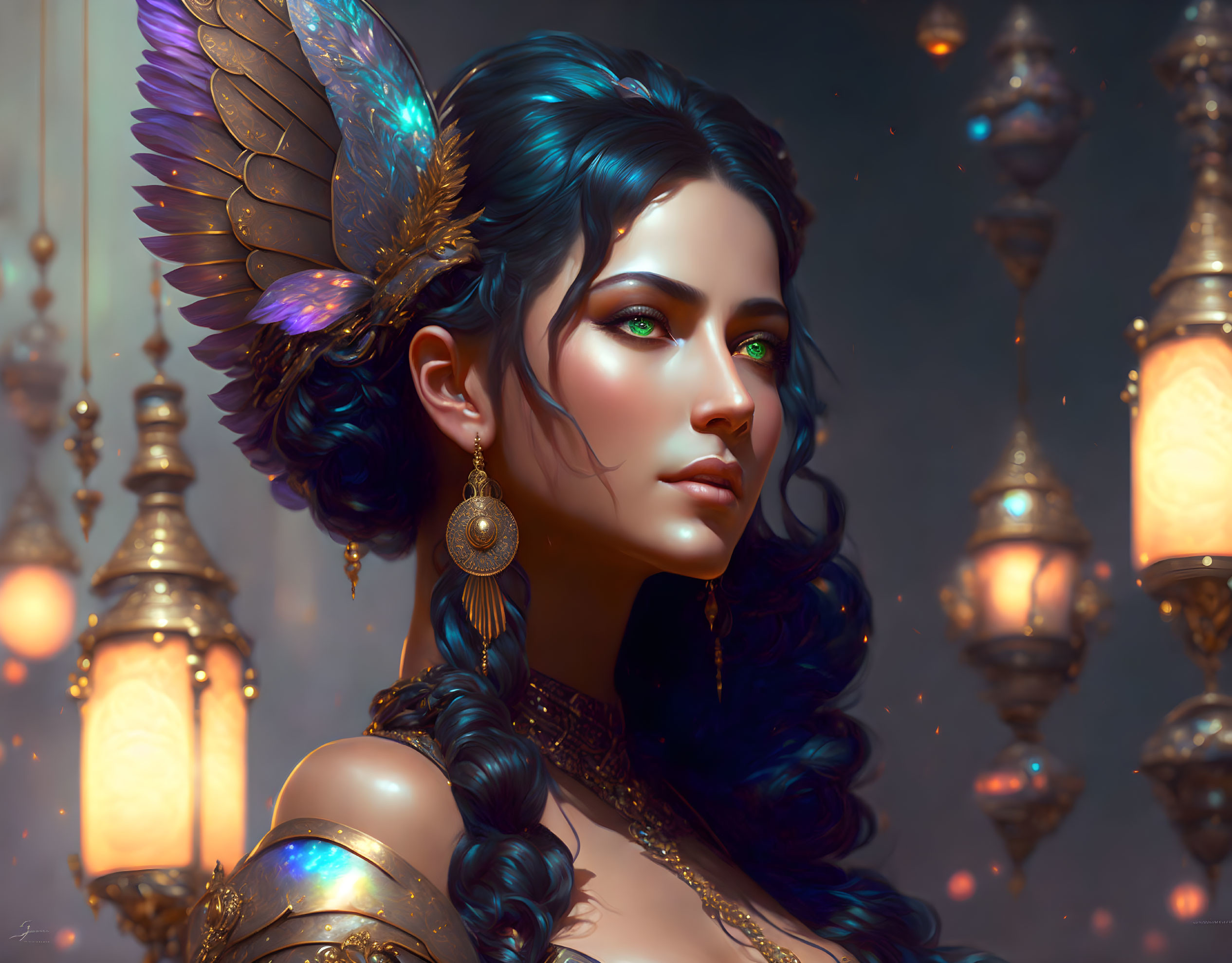 Fantastical digital artwork of woman with blue hair and ornate wings