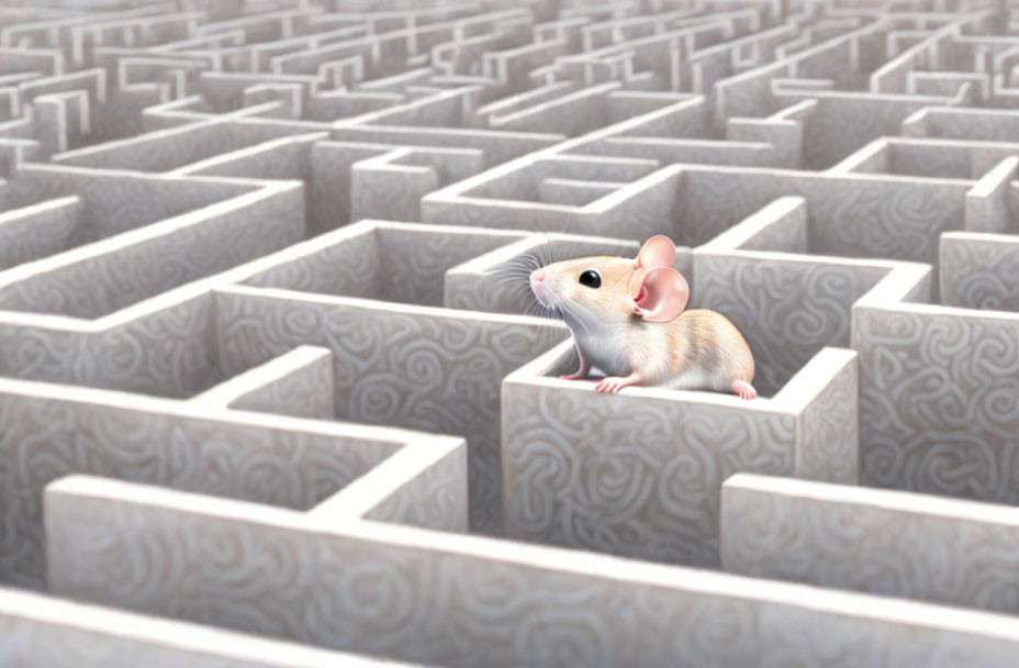 Curious mouse in complex 3D maze, contemplating challenge