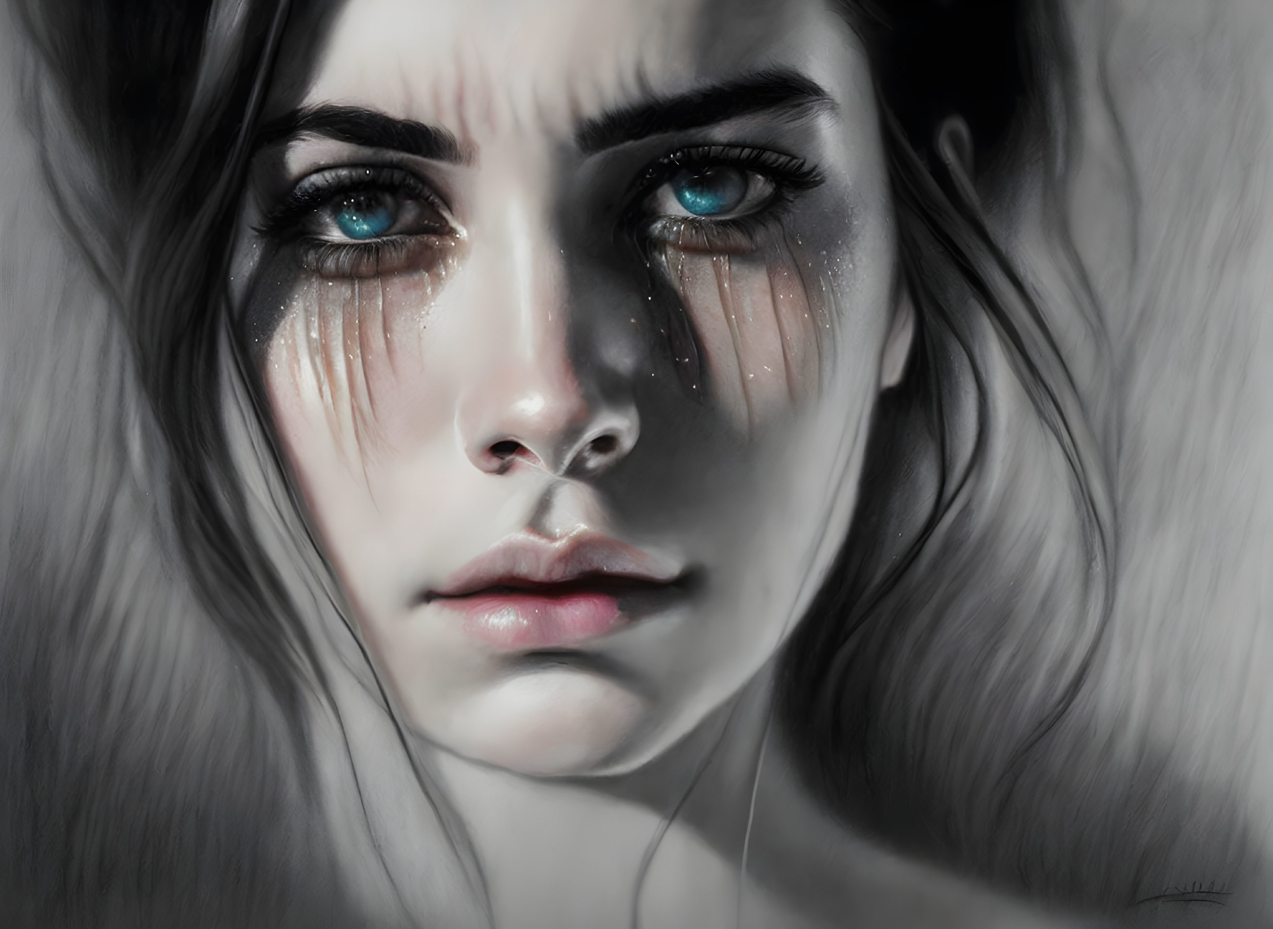 Close-up digital painting: Woman with blue eyes, tears, dark hair on grey backdrop