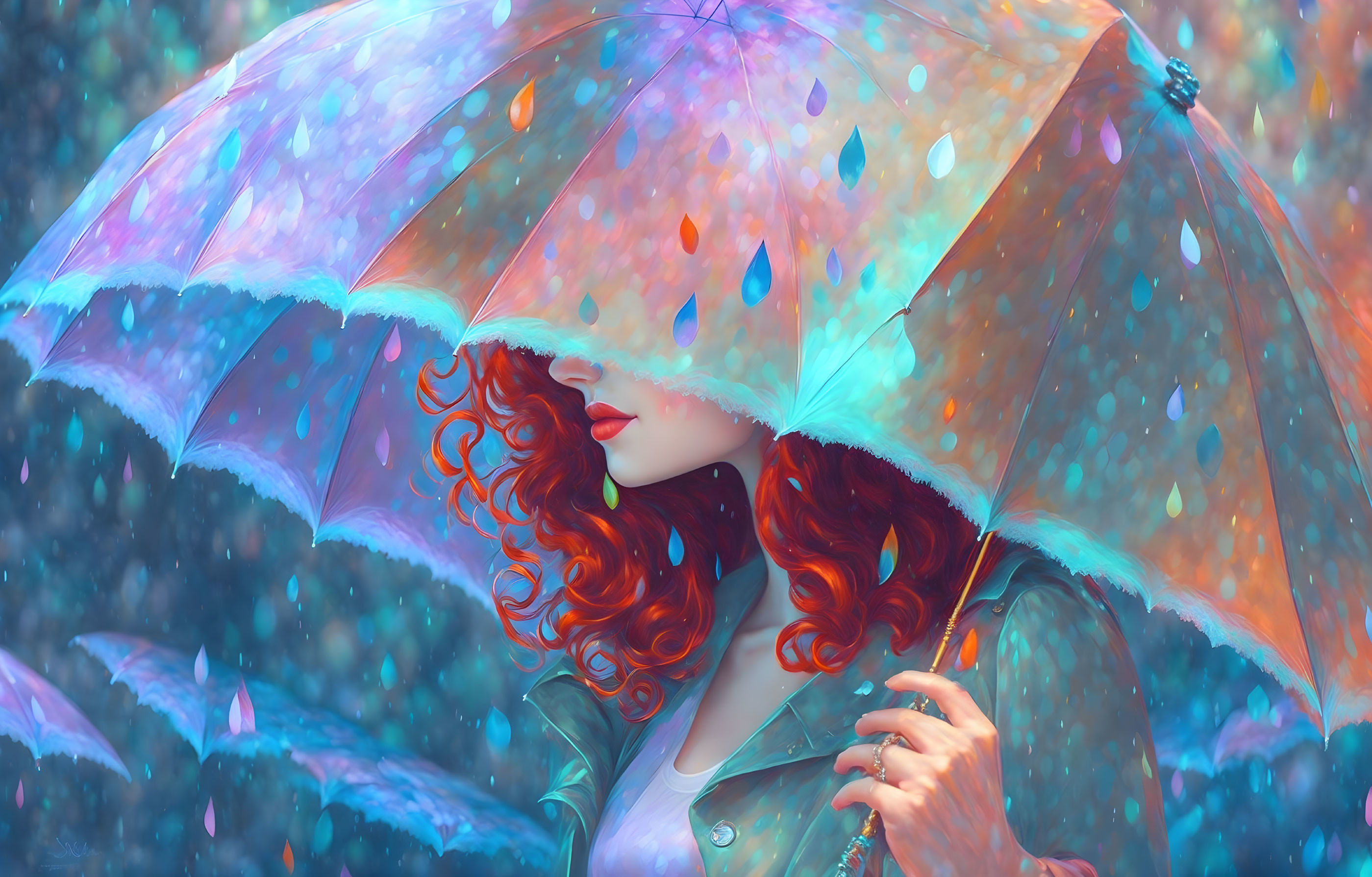 Vibrant red-haired woman with colorful umbrella in dreamy backdrop