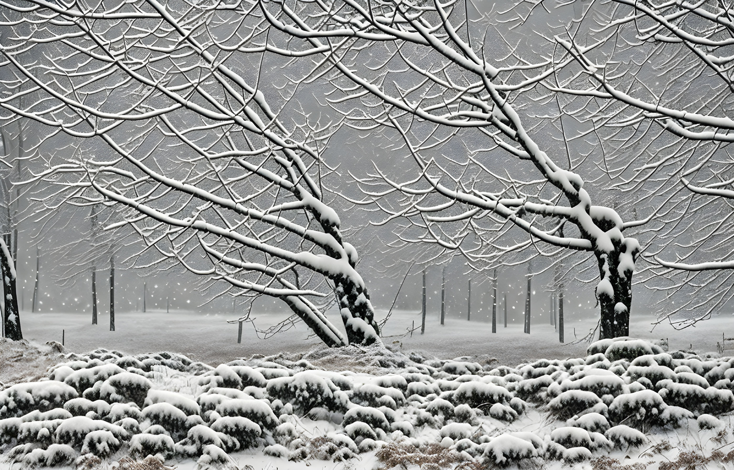 Snow-covered bare trees in serene winter landscape