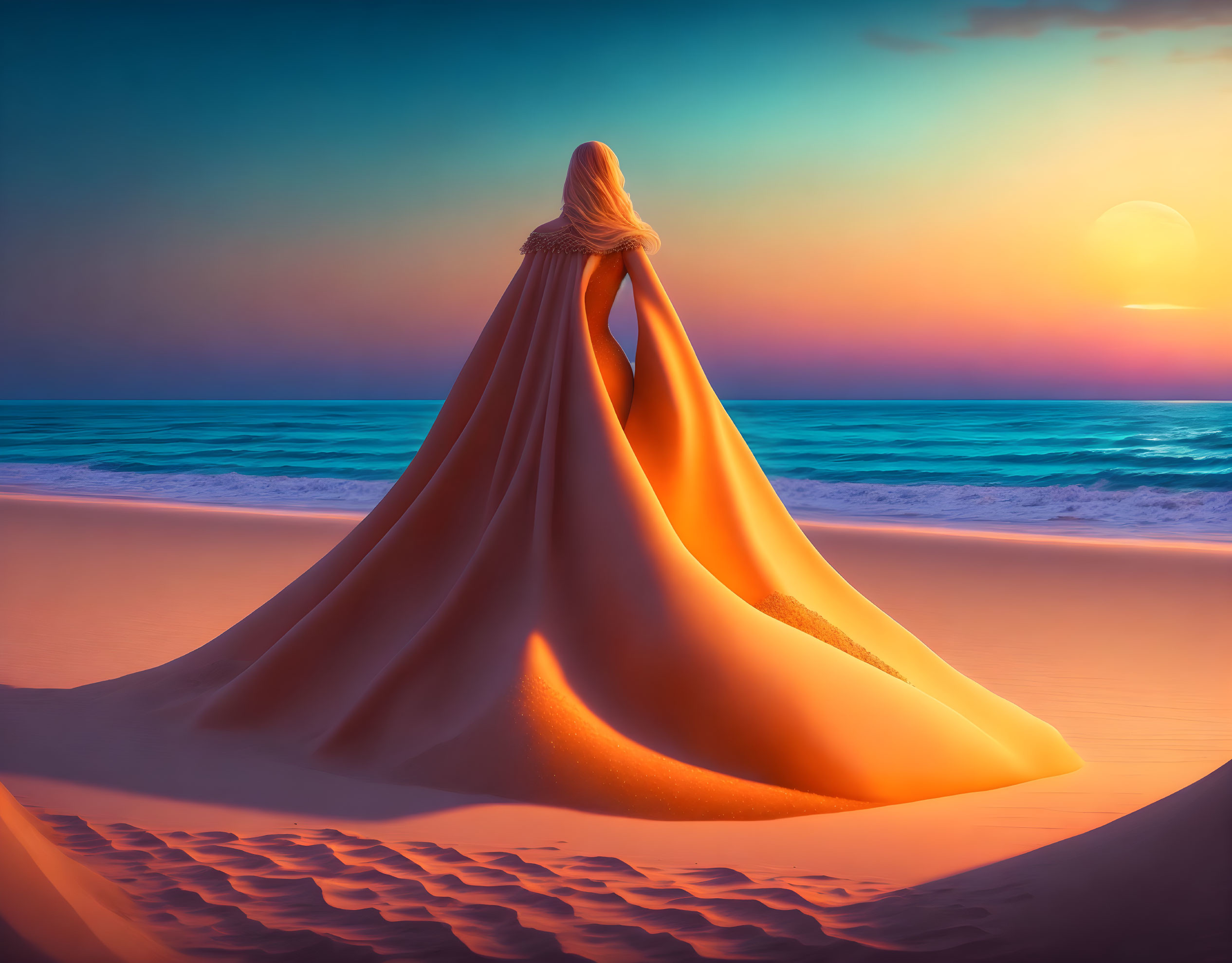 Person in Orange Gown on Sandy Beach at Sunset