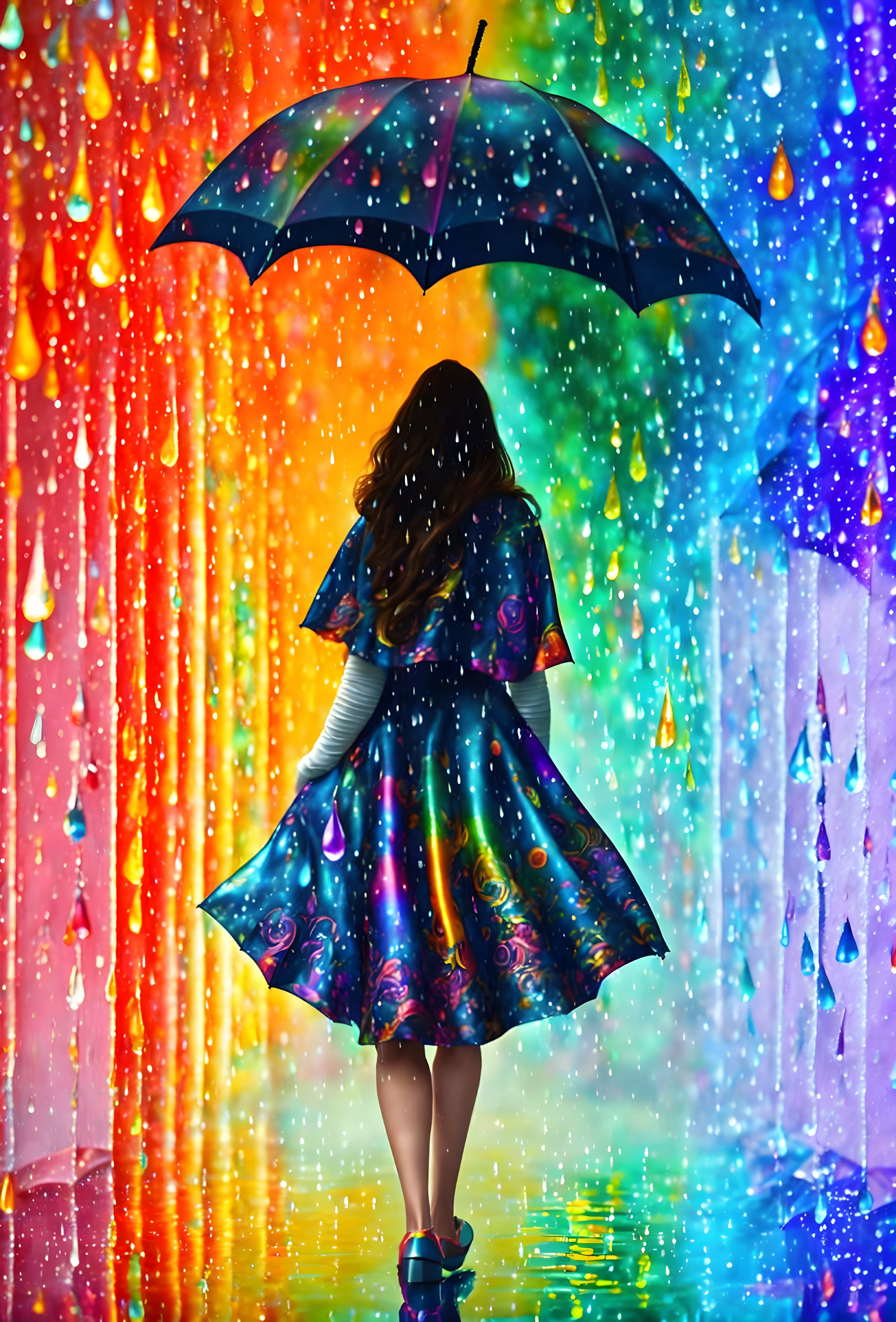 Woman in Vibrant Dress with Umbrella in Colorful Rain