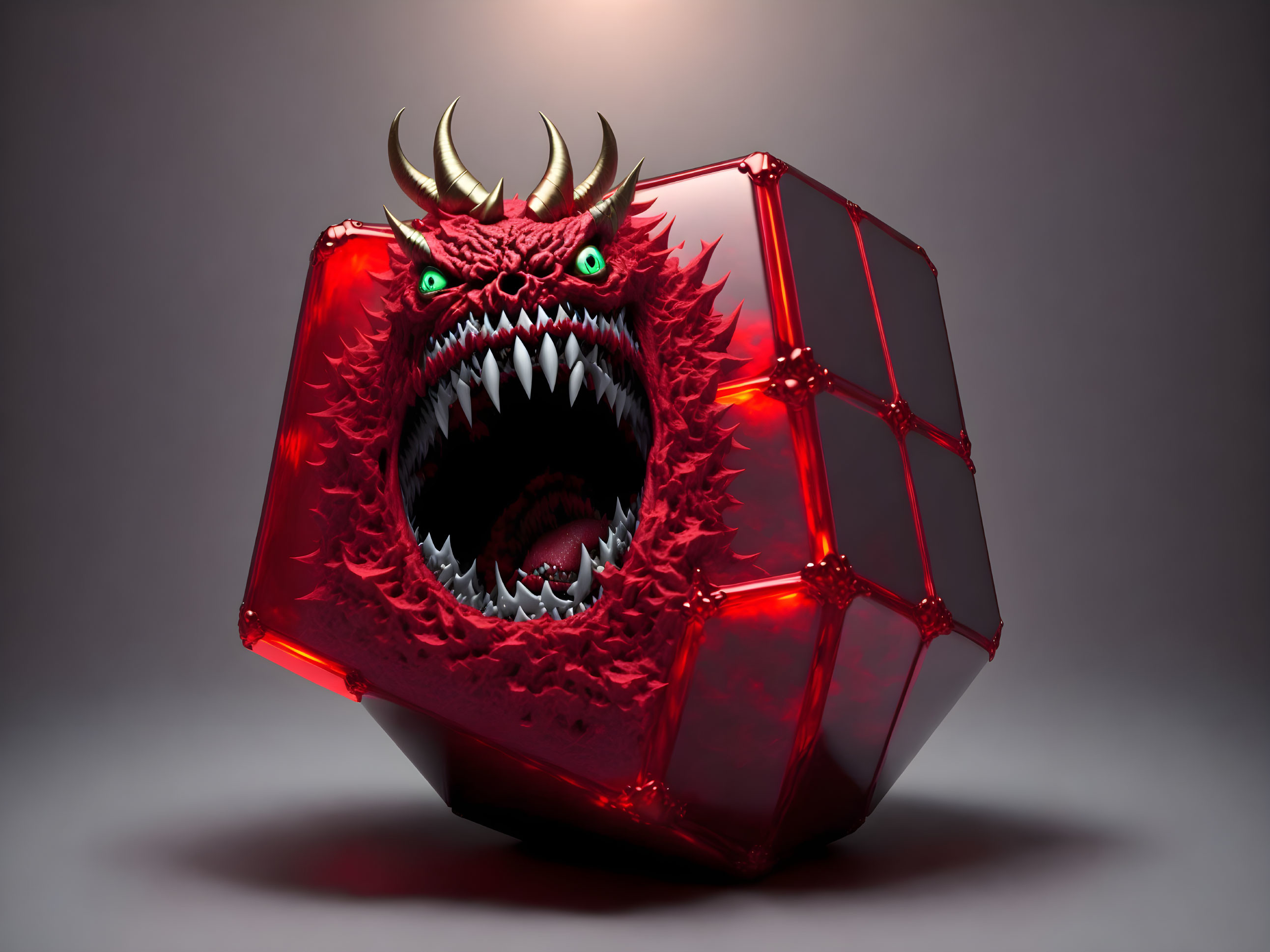 Fantasy illustration of red gem-like cube with fierce monster head.