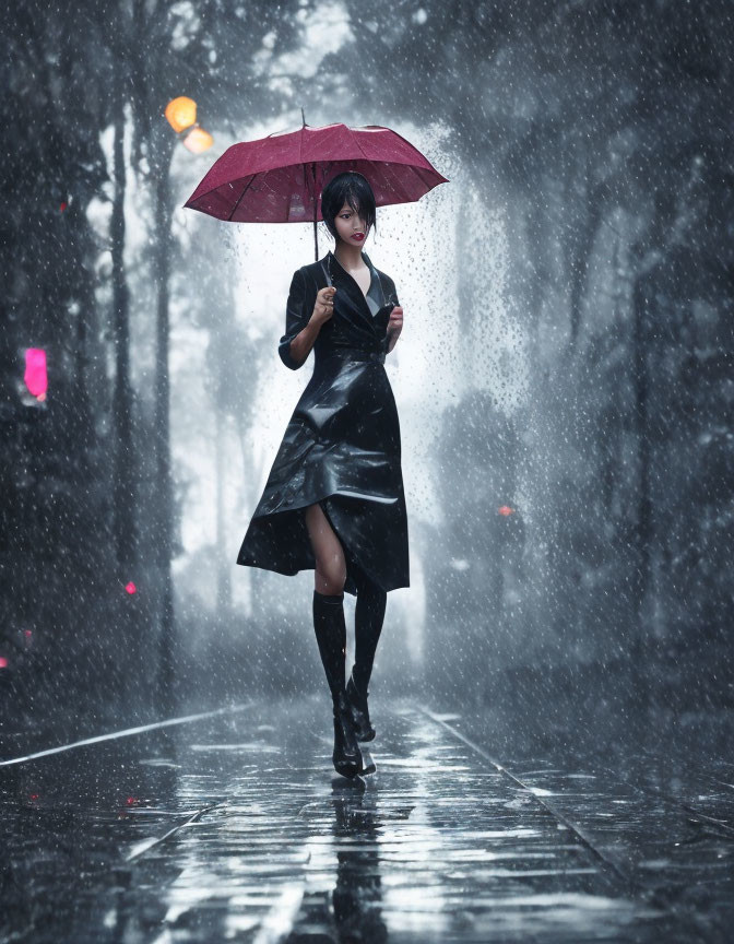 Person standing on rainy street with red umbrella and water droplets.