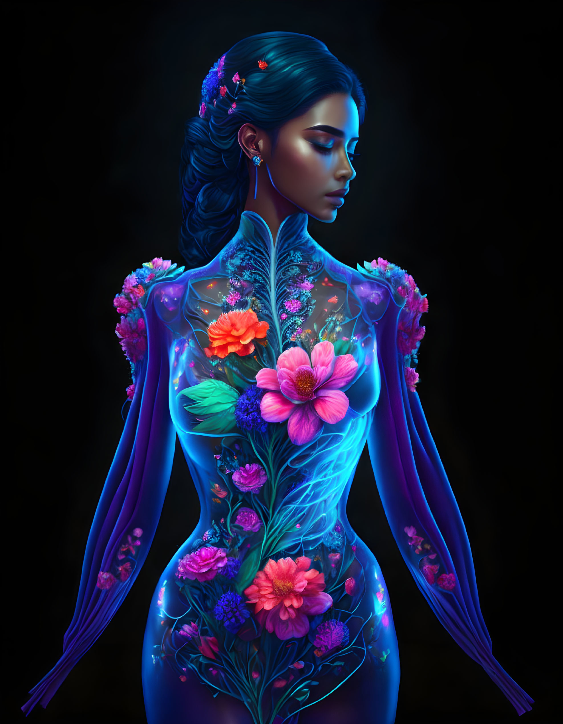 Blue-skinned woman with glowing flowers in translucent body on dark backdrop