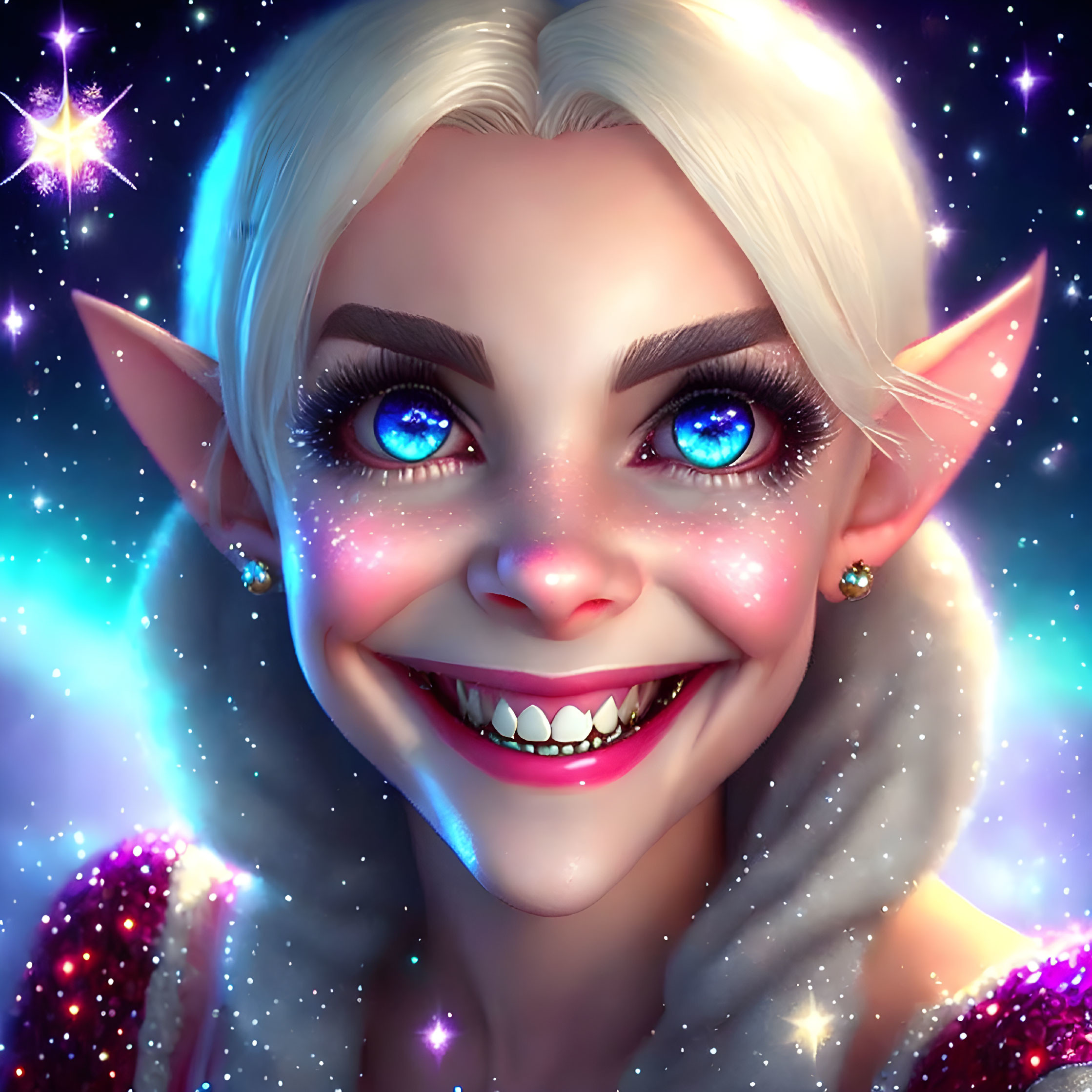 Fantasy character digital artwork with bright blue eyes and sparkling attire