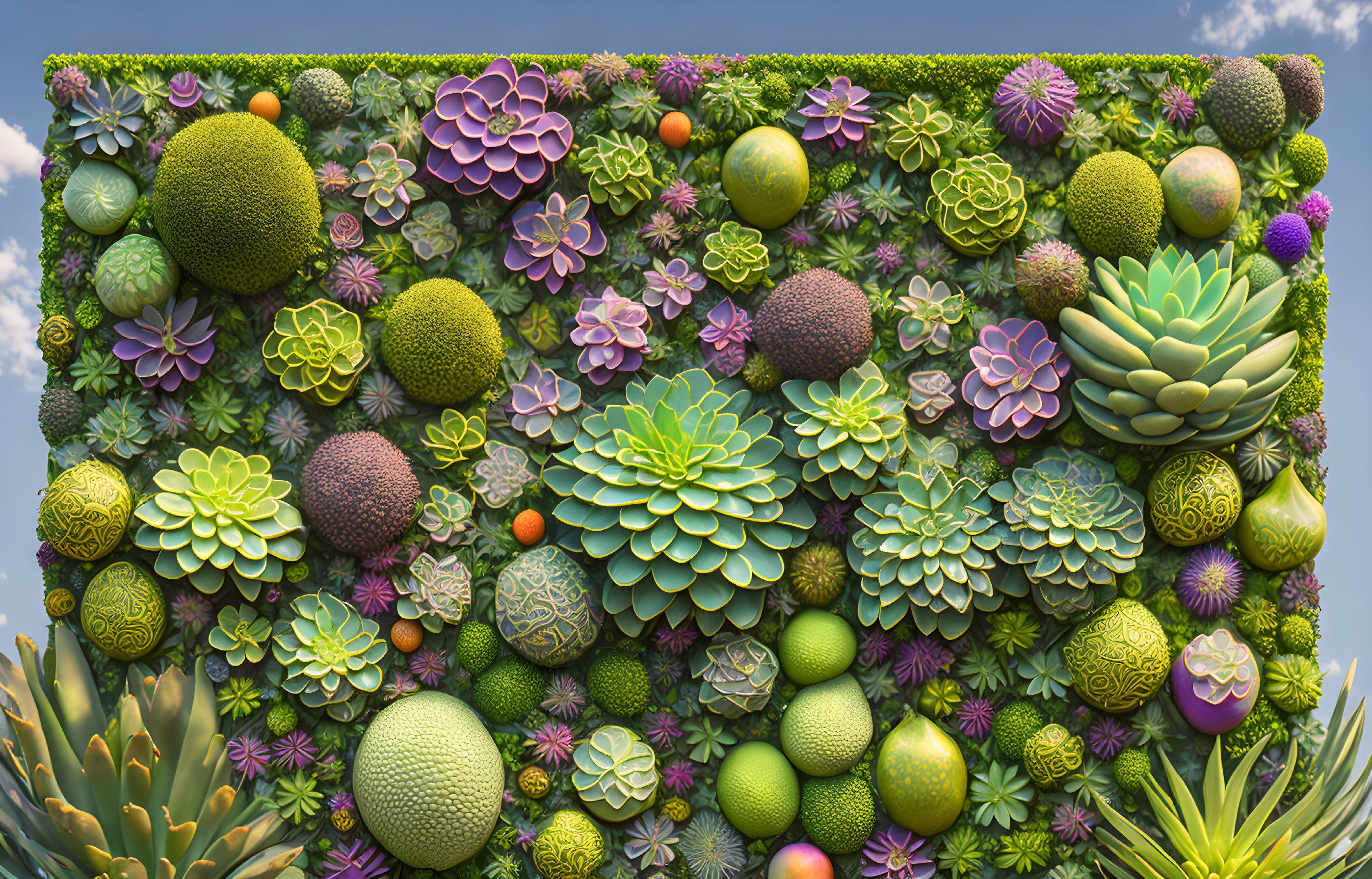 Colorful 3D-rendered wall with succulents and cacti in various shades and