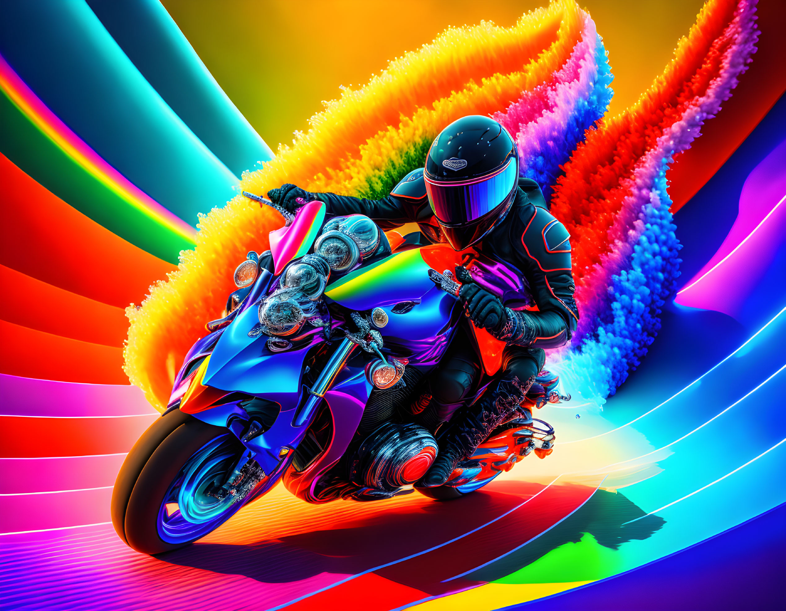 Motorcyclist leaning into turn against vibrant neon backdrop