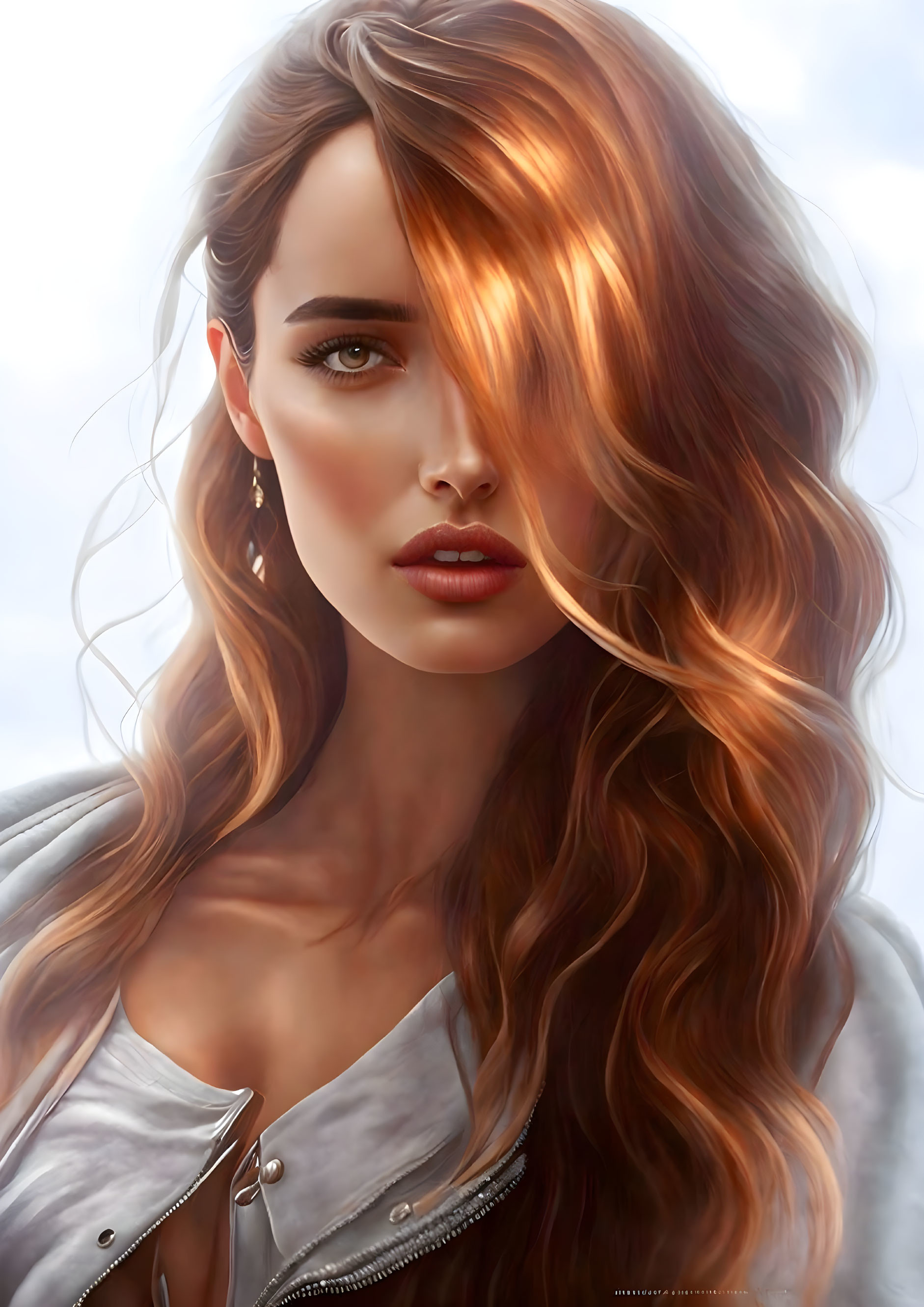 Digital portrait of a woman with auburn hair, green eyes, and grey jacket.