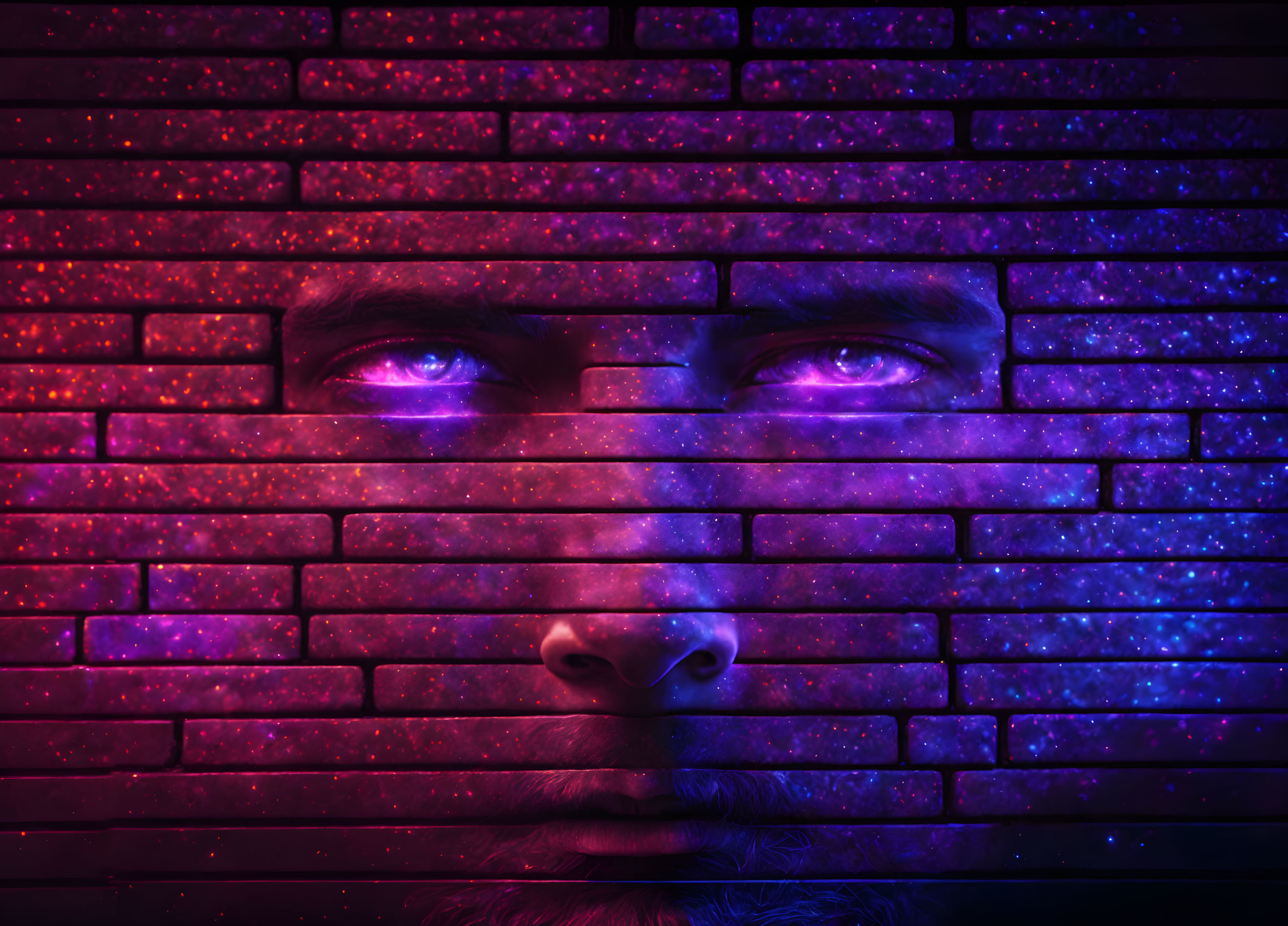 Neon-lit brick wall with man's face in purple lights