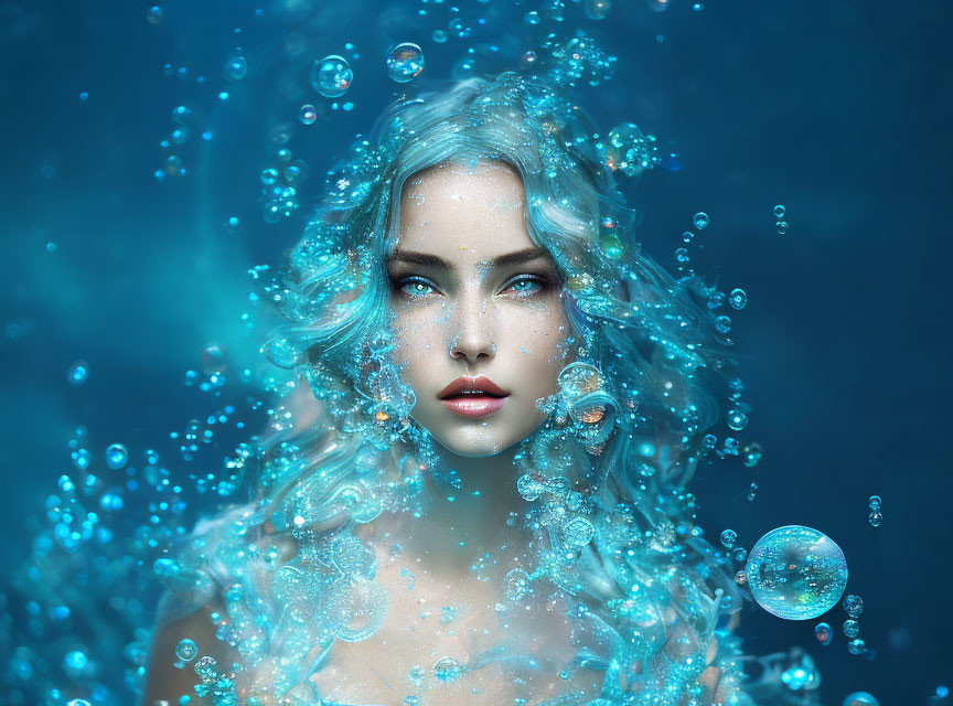 Portrait of Woman with Blue Hair and Translucent Bubbles in Ethereal Underwater Scene