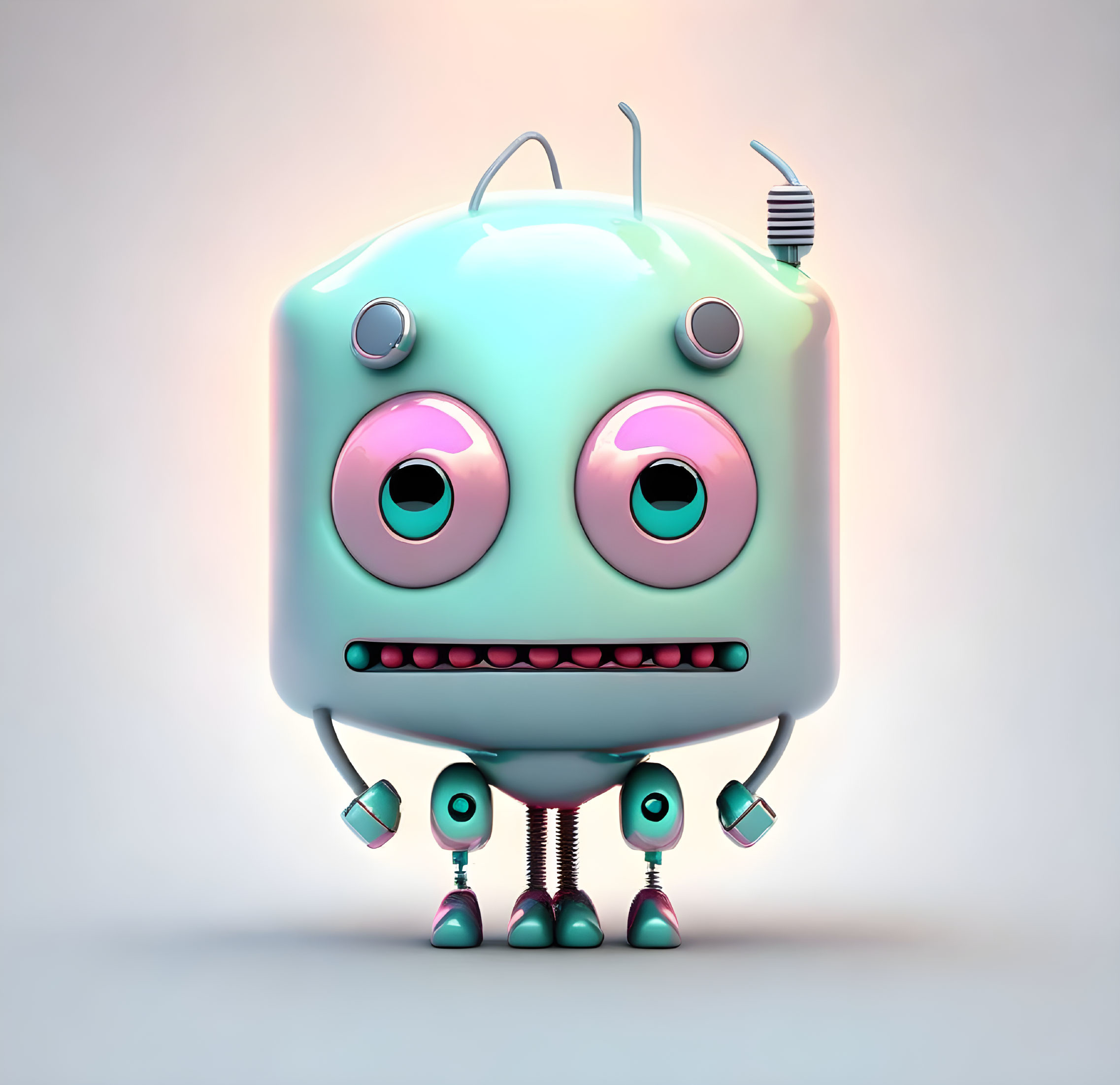 Cartoon-style teal robot with pink eyes and antennae under soft light