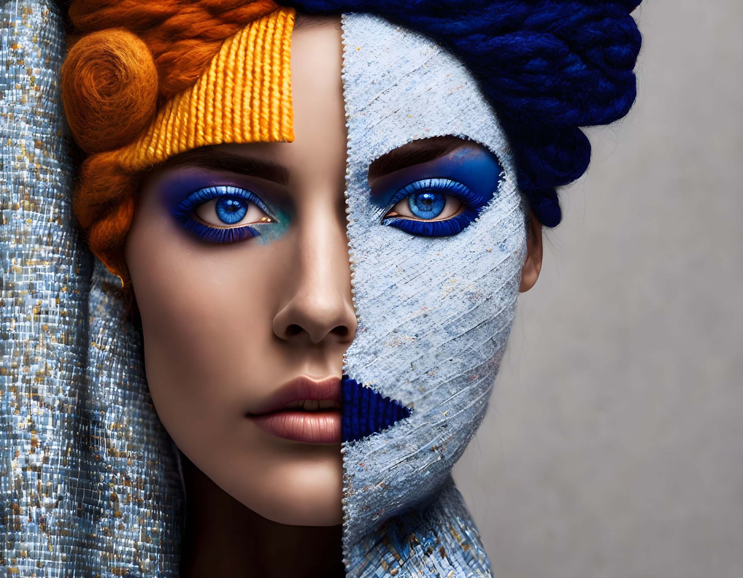 Woman with Vibrant Blue Eye Makeup Partially Covered by Pixelated Fabric