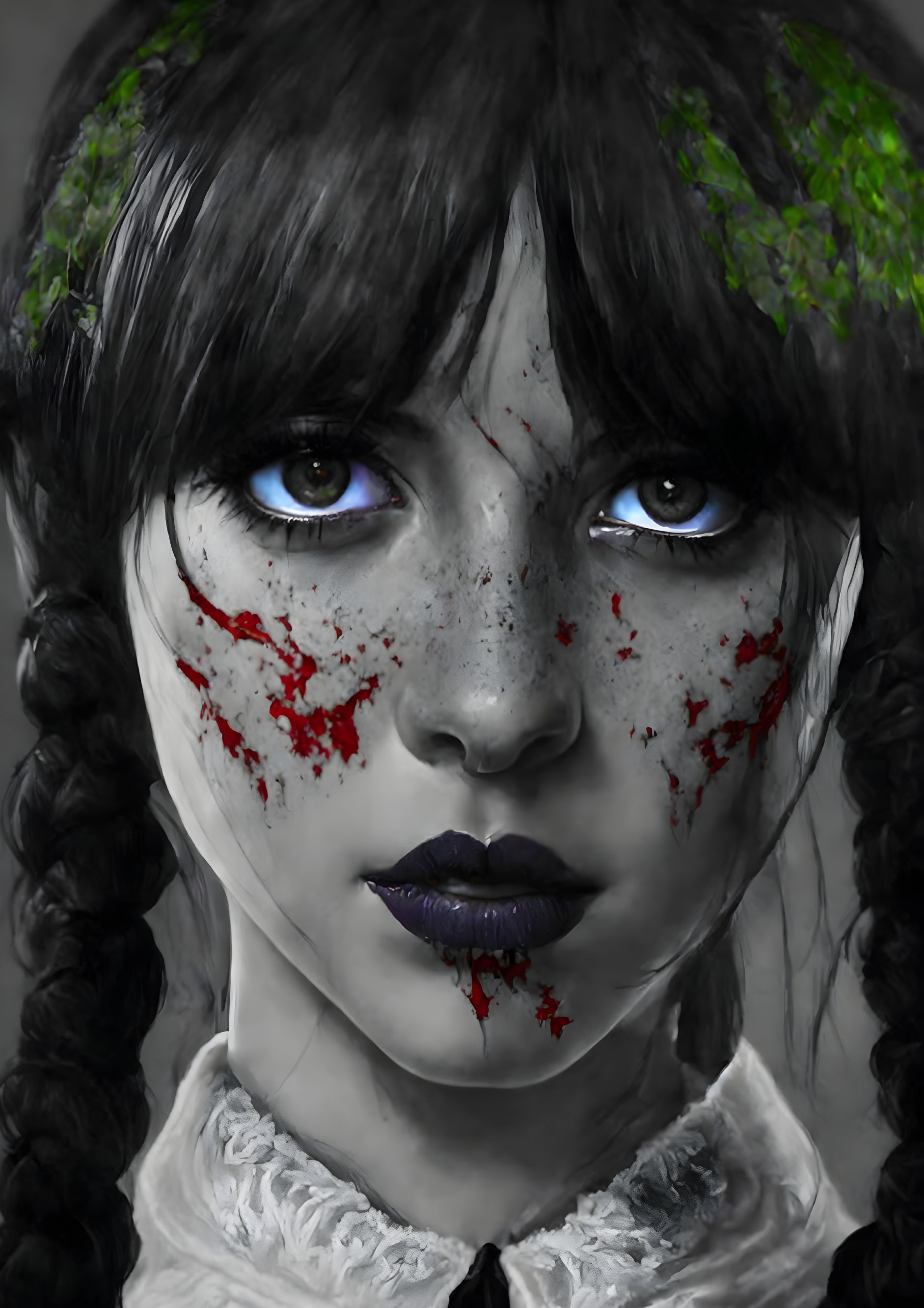 Monochrome portrait of female with striking blue eyes and blood splatters, dark lips, adorned with green