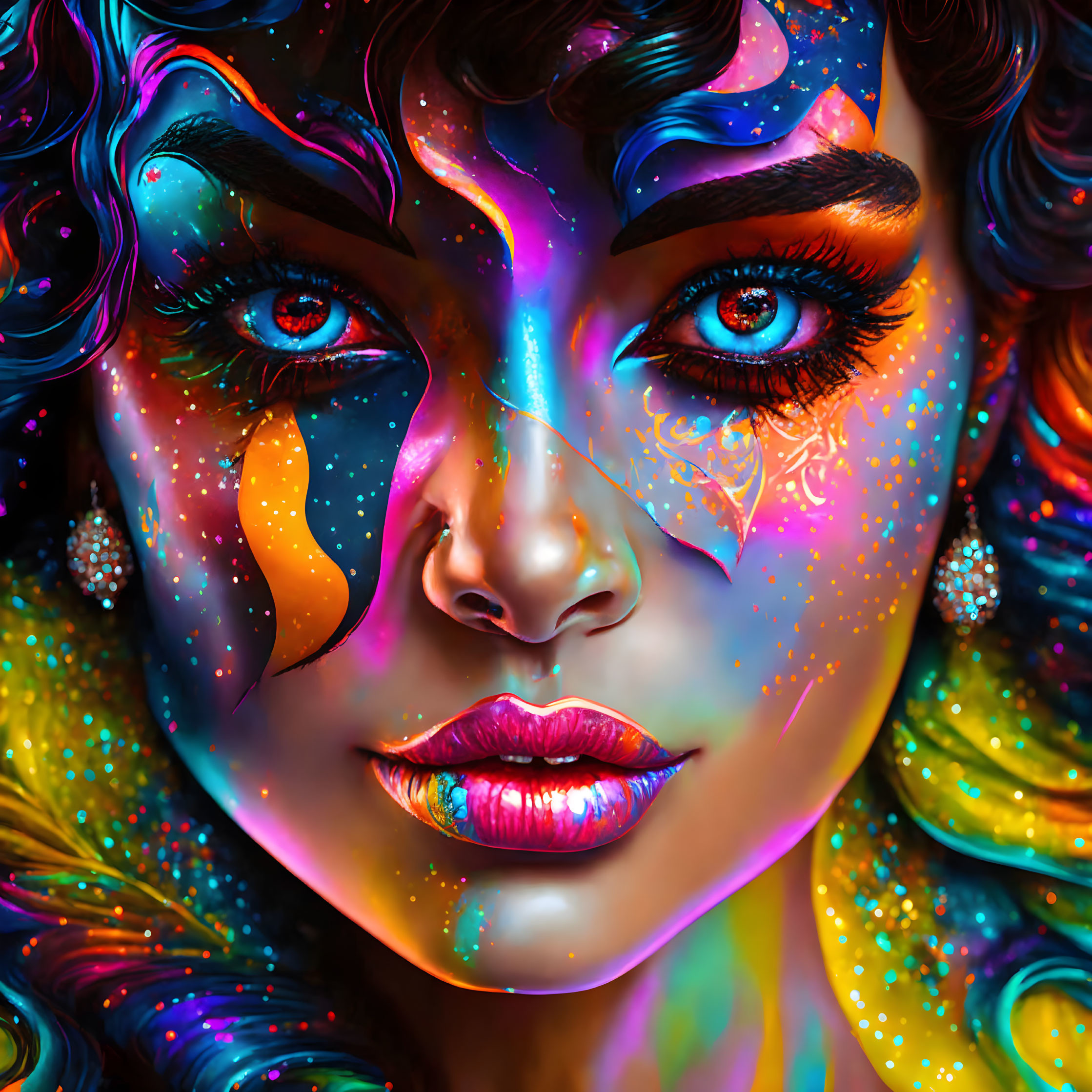 Colorful digital portrait of a woman with iridescent skin tones and red eyes