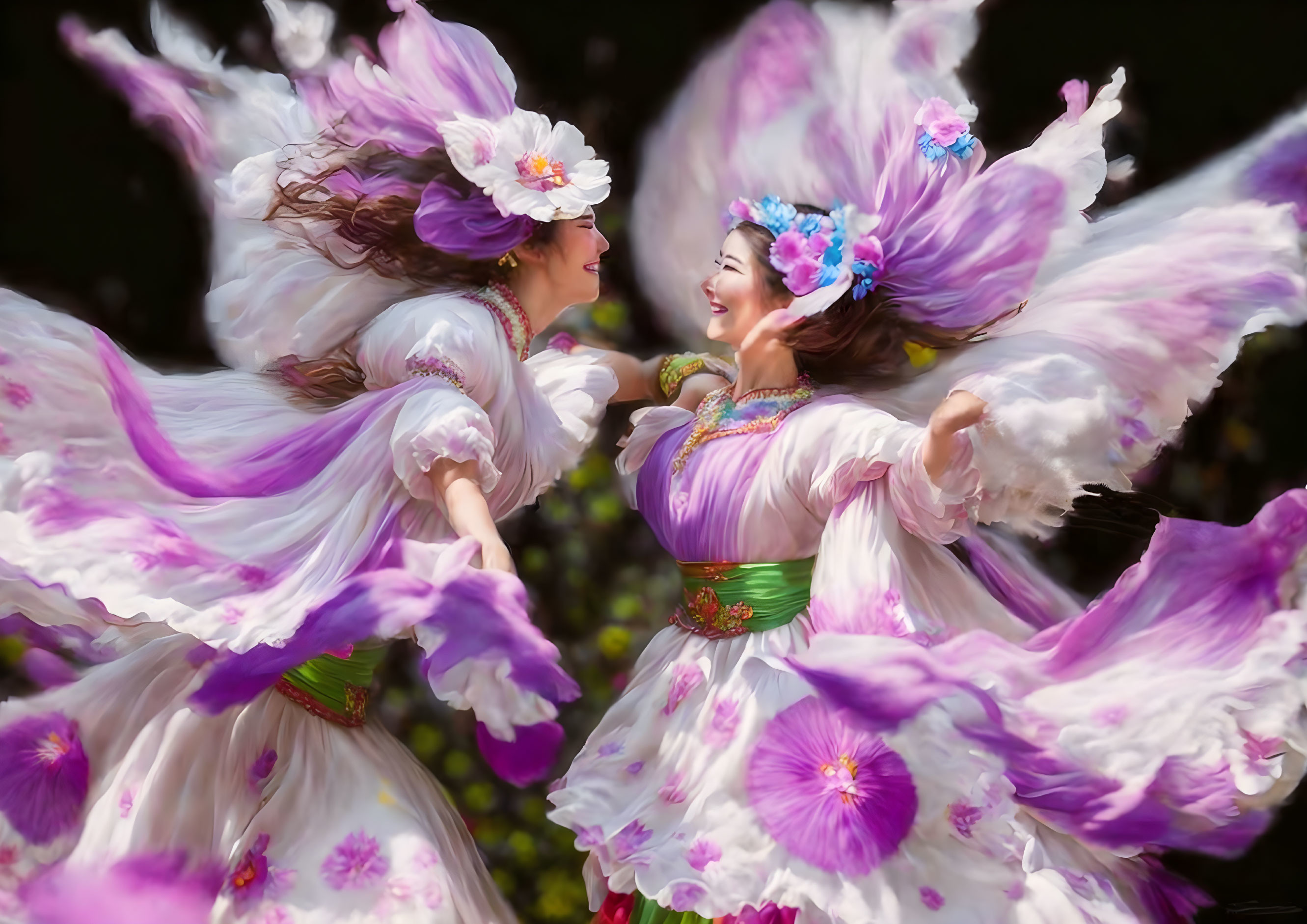 Two women dancing joyfully in white dresses with purple floral patterns