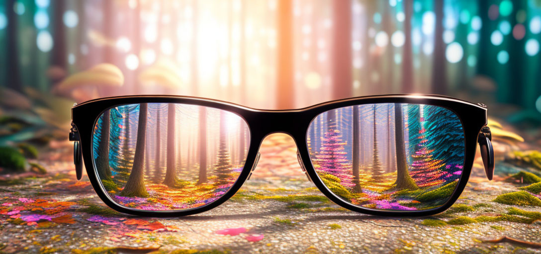 Sunglasses on Forest Floor Reflecting Vibrant Trees